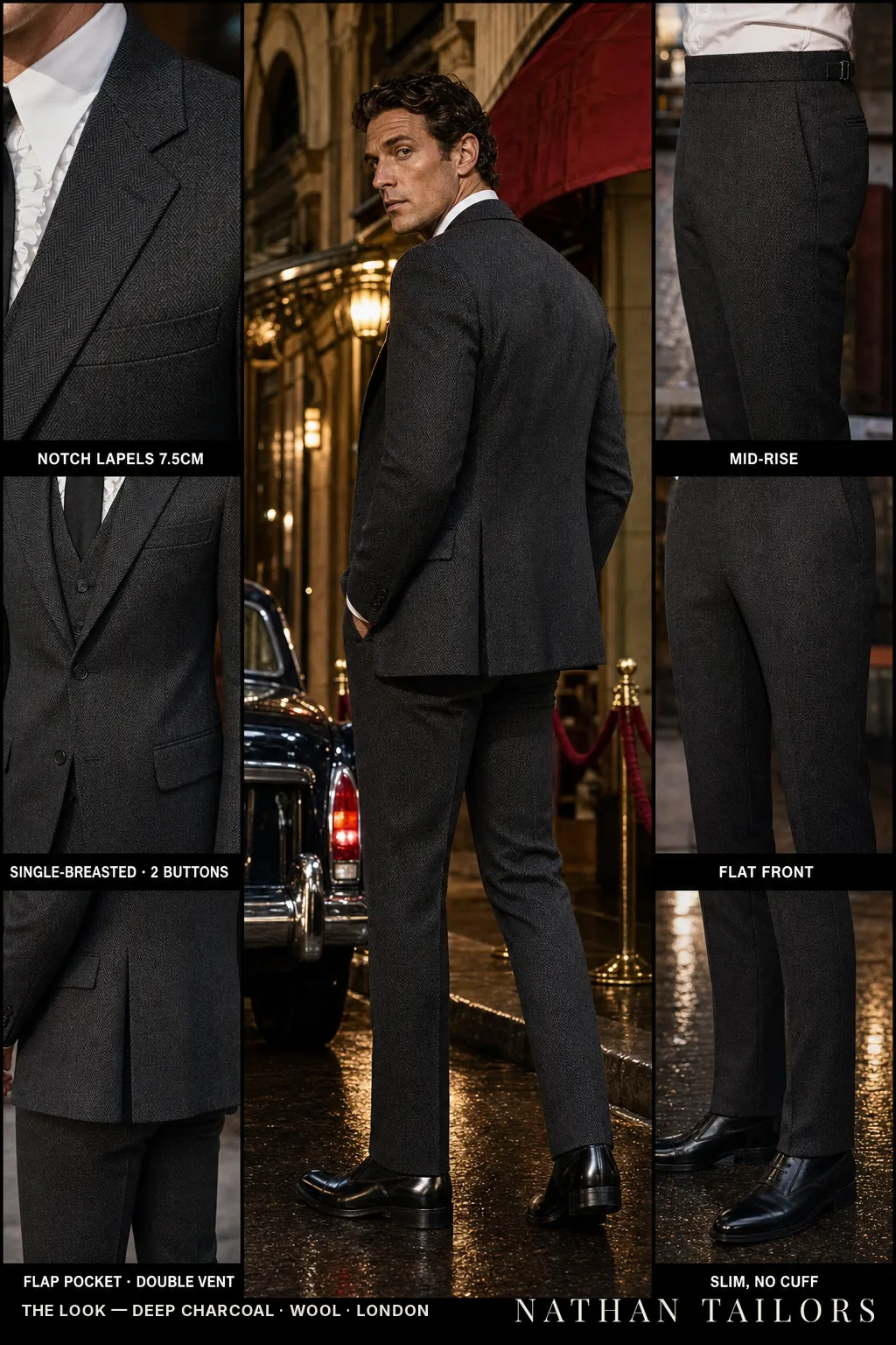 deep charcoal herringbone single-breasted bespoke suit — custom tailored by Nathan Tailors, the Hoi An custom tailor