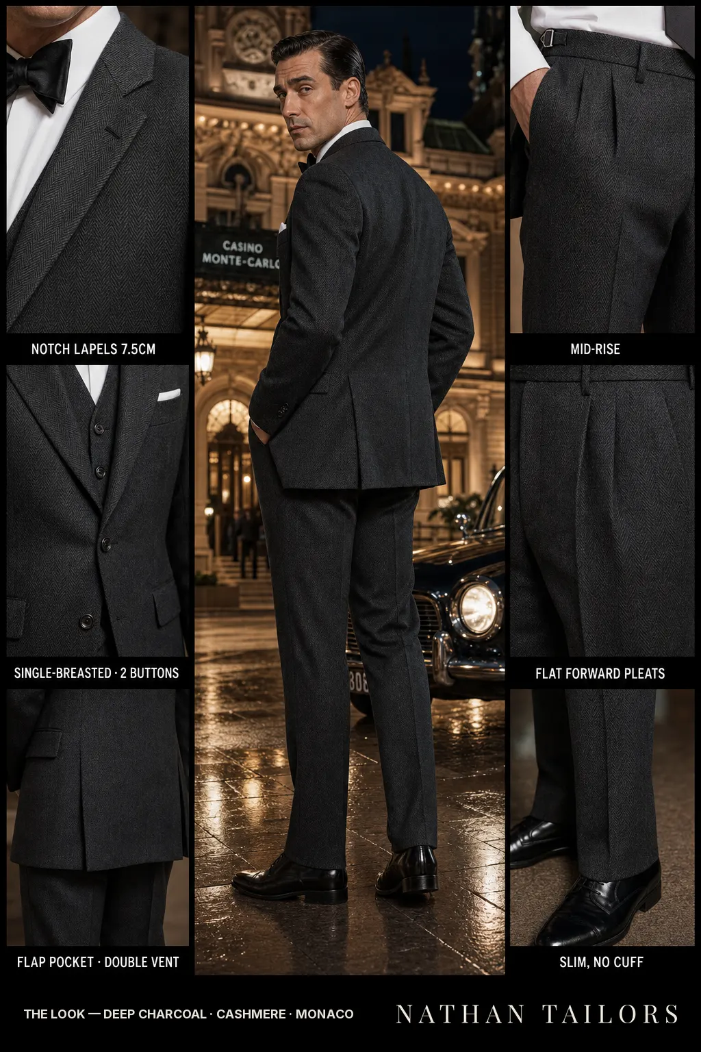 deep charcoal herringbone single-breasted notch-lapel bespoke suit — AI-rendered by Nathan Tailors, the Hoi An custom tailor. Available as a custom tailored suit from $149.