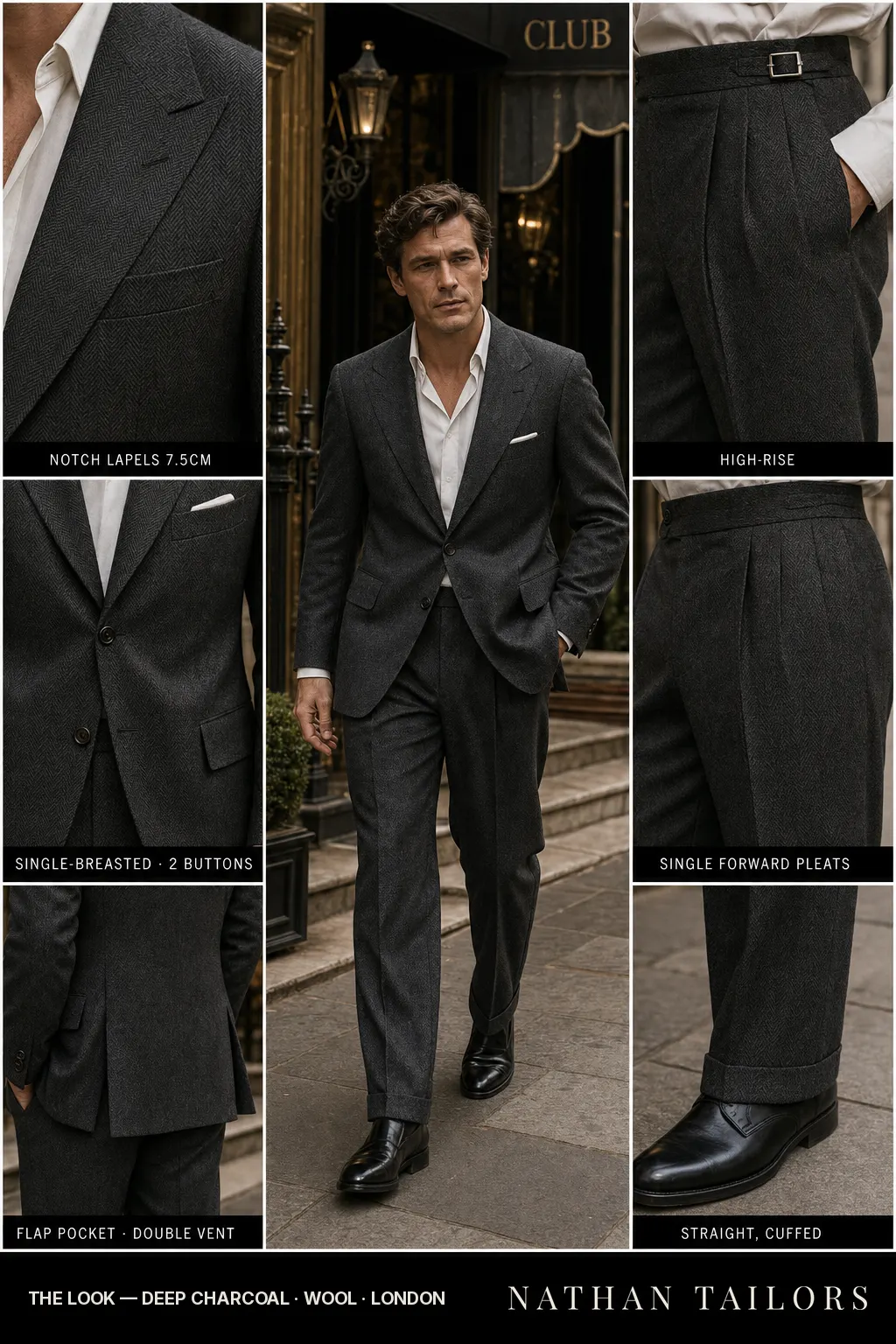 deep charcoal herringbone single-breasted notch-lapel bespoke suit โ AI-rendered by Nathan Tailors, the Hoi An custom tailor. Available as a custom tailored suit from $149.