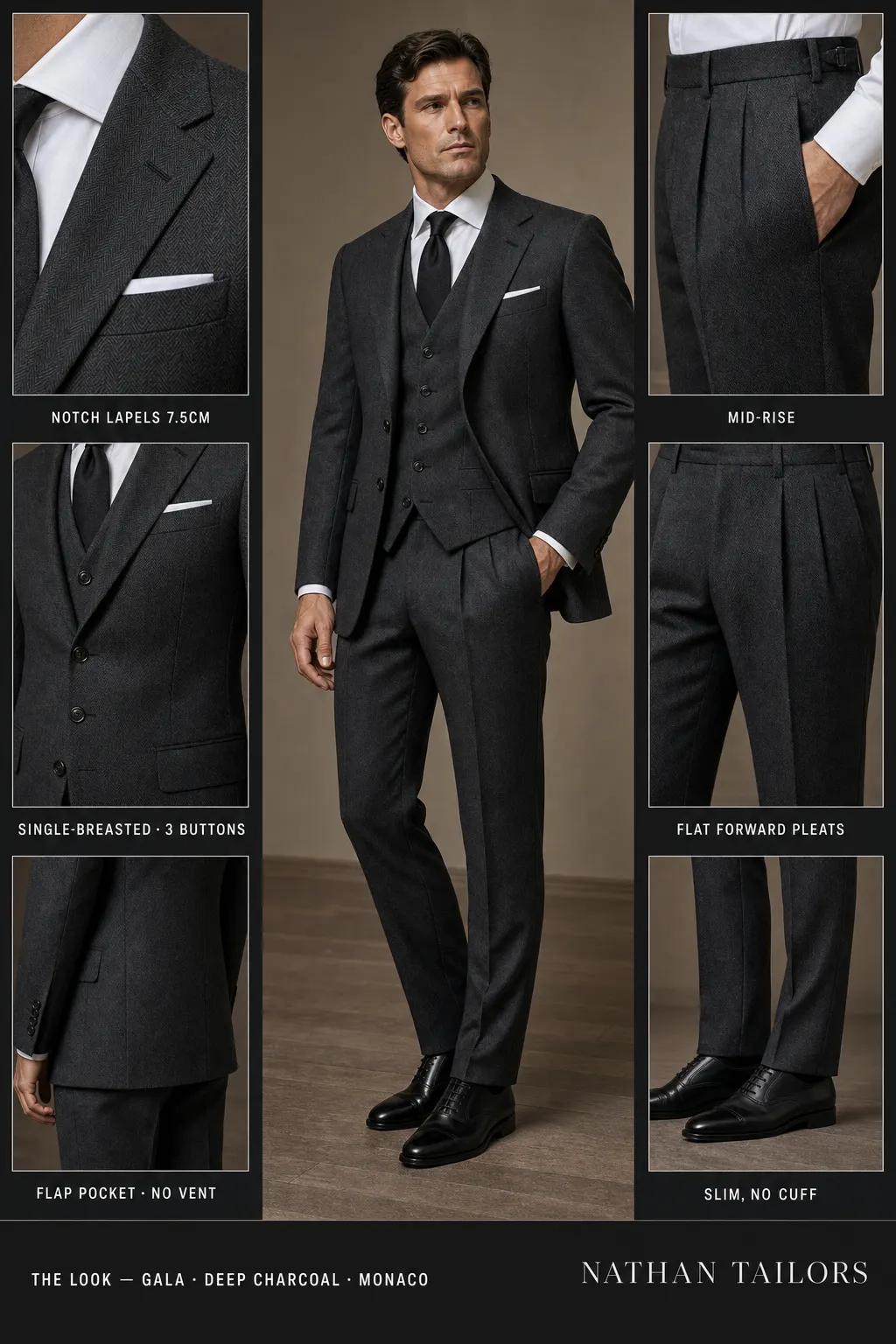 deep charcoal herringbone single-breasted notch-lapel bespoke suit — AI-rendered by Nathan Tailors, the Hoi An custom tailor. Available as a custom tailored suit from $149.