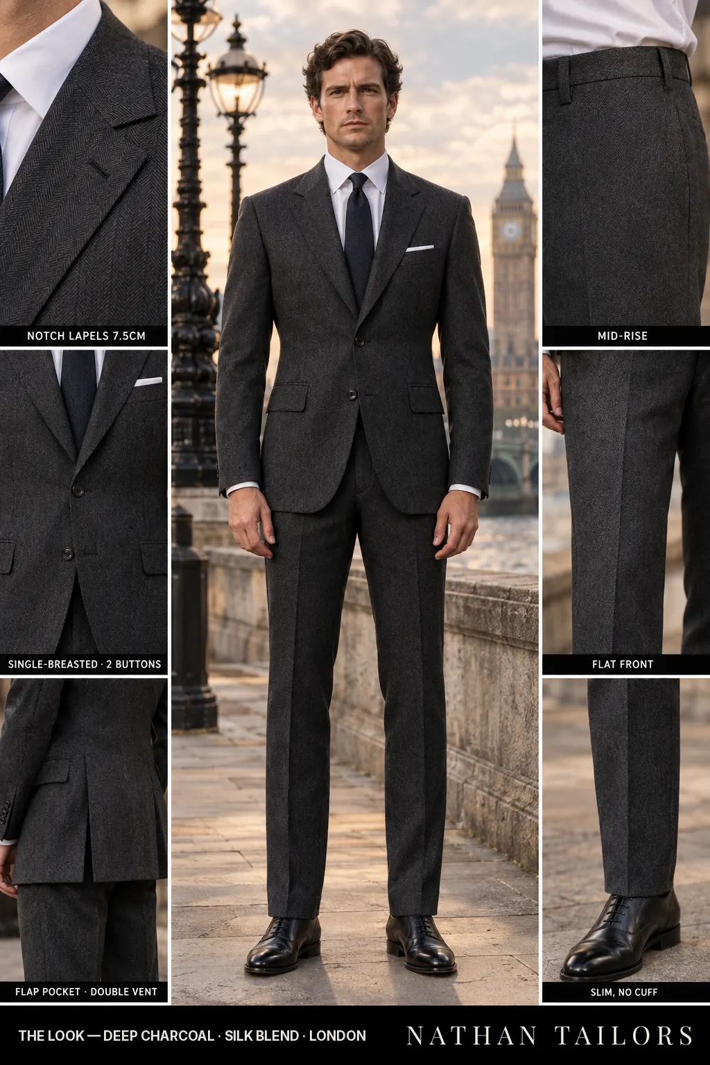 deep charcoal herringbone single-breasted bespoke suit โ custom tailored by Nathan Tailors, the Hoi An custom tailor