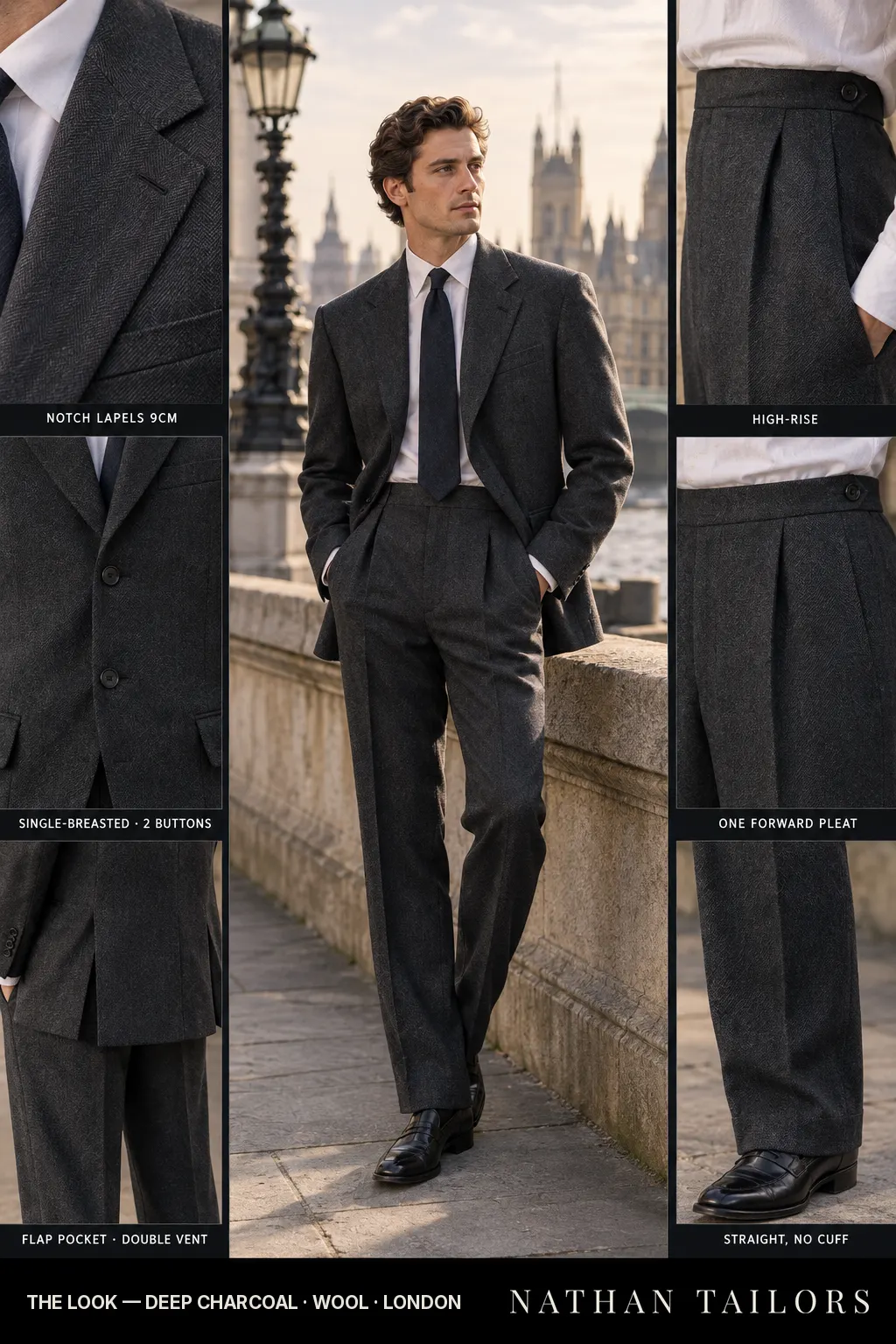 deep charcoal herringbone single-breasted bespoke suit โ custom tailored by Nathan Tailors, the Hoi An custom tailor