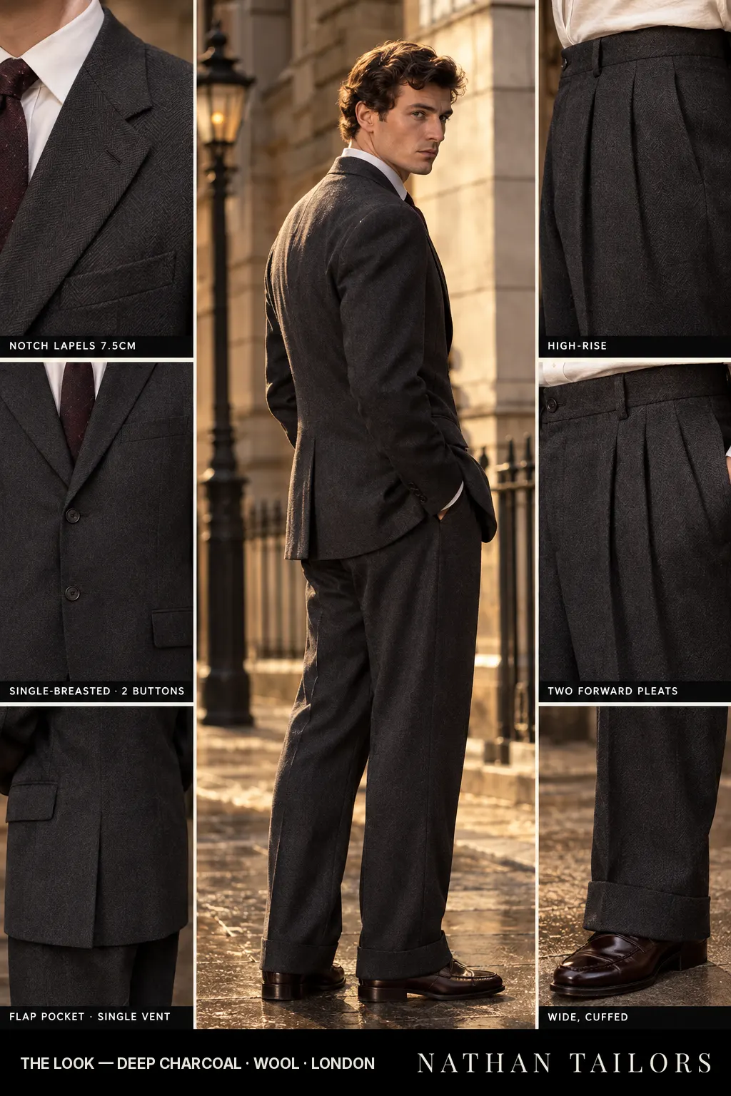 deep charcoal herringbone single-breasted notch-lapel bespoke suit — AI-rendered by Nathan Tailors, the Hoi An custom tailor. Available as a custom tailored suit from $149.