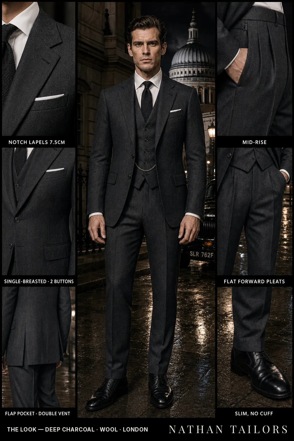 deep charcoal herringbone single-breasted notch-lapel bespoke suit — AI-rendered by Nathan Tailors, the Hoi An custom tailor. Available as a custom tailored suit from $149.