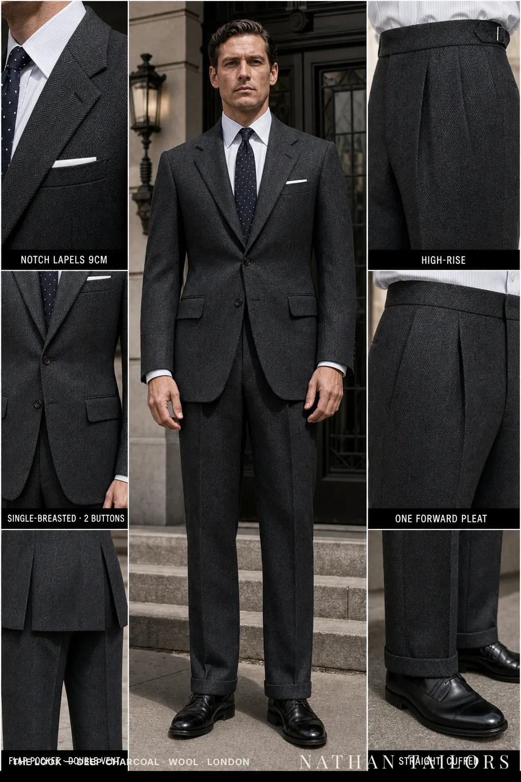 deep charcoal herringbone single-breasted notch-lapel bespoke suit — AI-rendered by Nathan Tailors, the Hoi An custom tailor. Available as a custom tailored suit from $149.