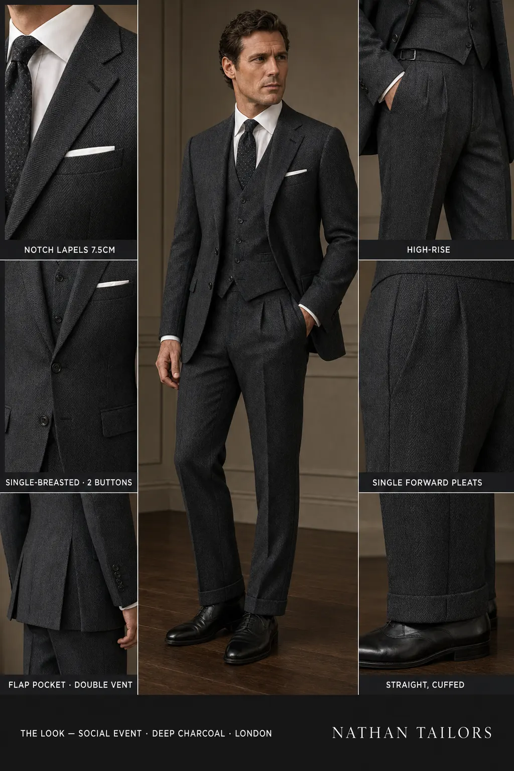 deep charcoal herringbone single-breasted notch-lapel bespoke suit — AI-rendered by Nathan Tailors, the Hoi An custom tailor. Available as a custom tailored suit from $149.