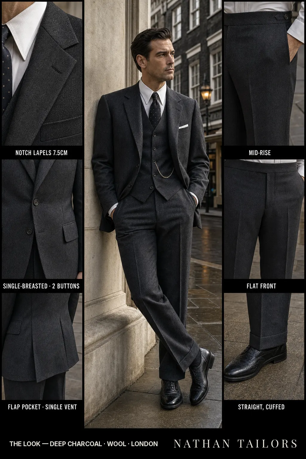deep charcoal herringbone single-breasted bespoke suit — custom tailored by Nathan Tailors, the Hoi An custom tailor