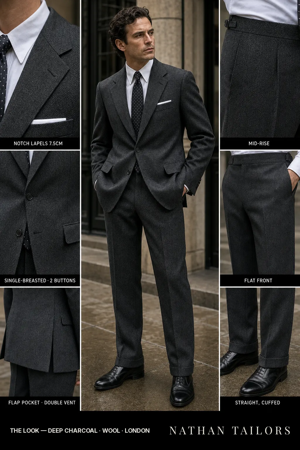 deep charcoal herringbone single-breasted notch-lapel bespoke suit — AI-rendered by Nathan Tailors, the Hoi An custom tailor. Available as a custom tailored suit from $149.