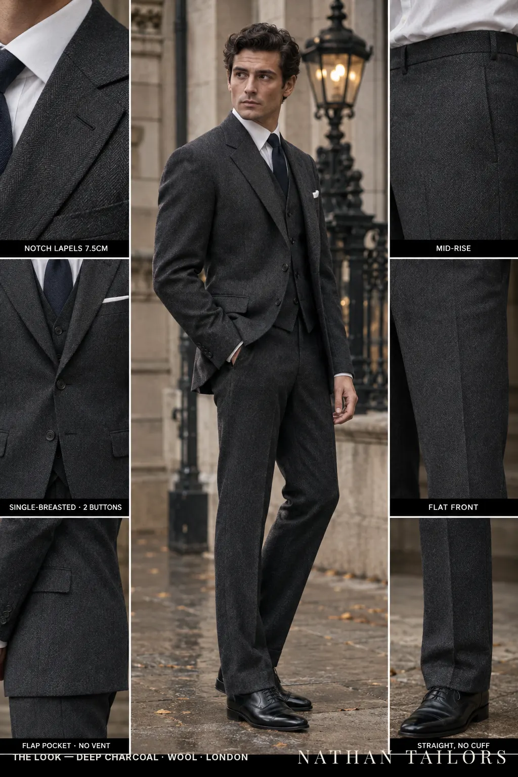deep charcoal herringbone single-breasted bespoke suit โ custom tailored by Nathan Tailors, the Hoi An custom tailor