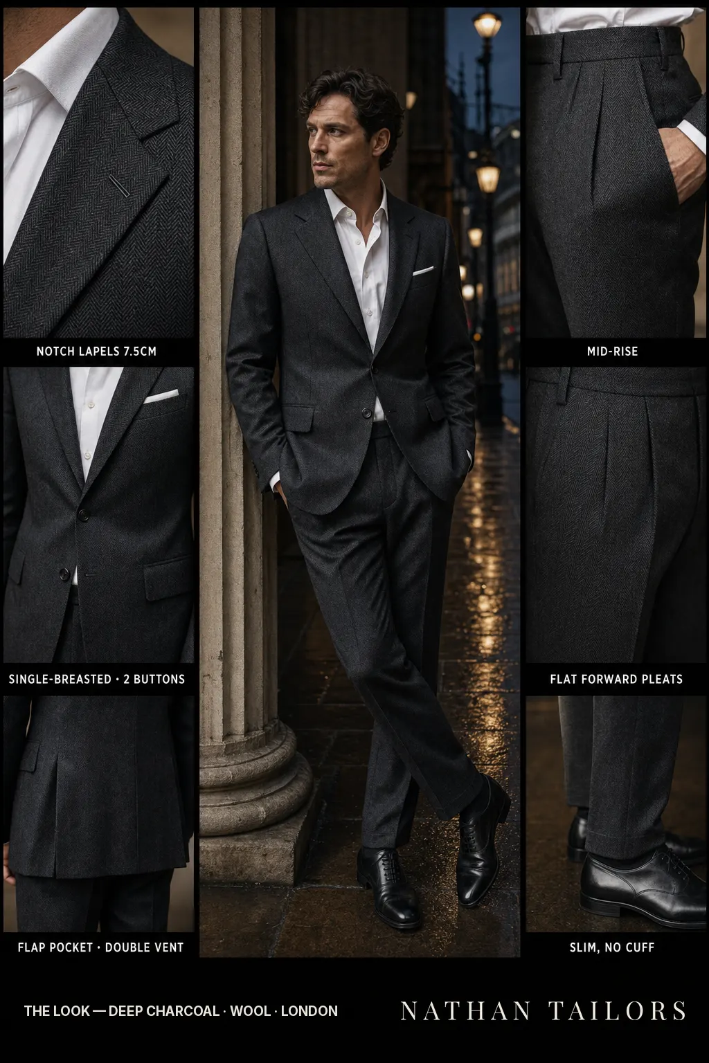 deep charcoal herringbone single-breasted notch-lapel bespoke suit — AI-rendered by Nathan Tailors, the Hoi An custom tailor. Available as a custom tailored suit from $149.