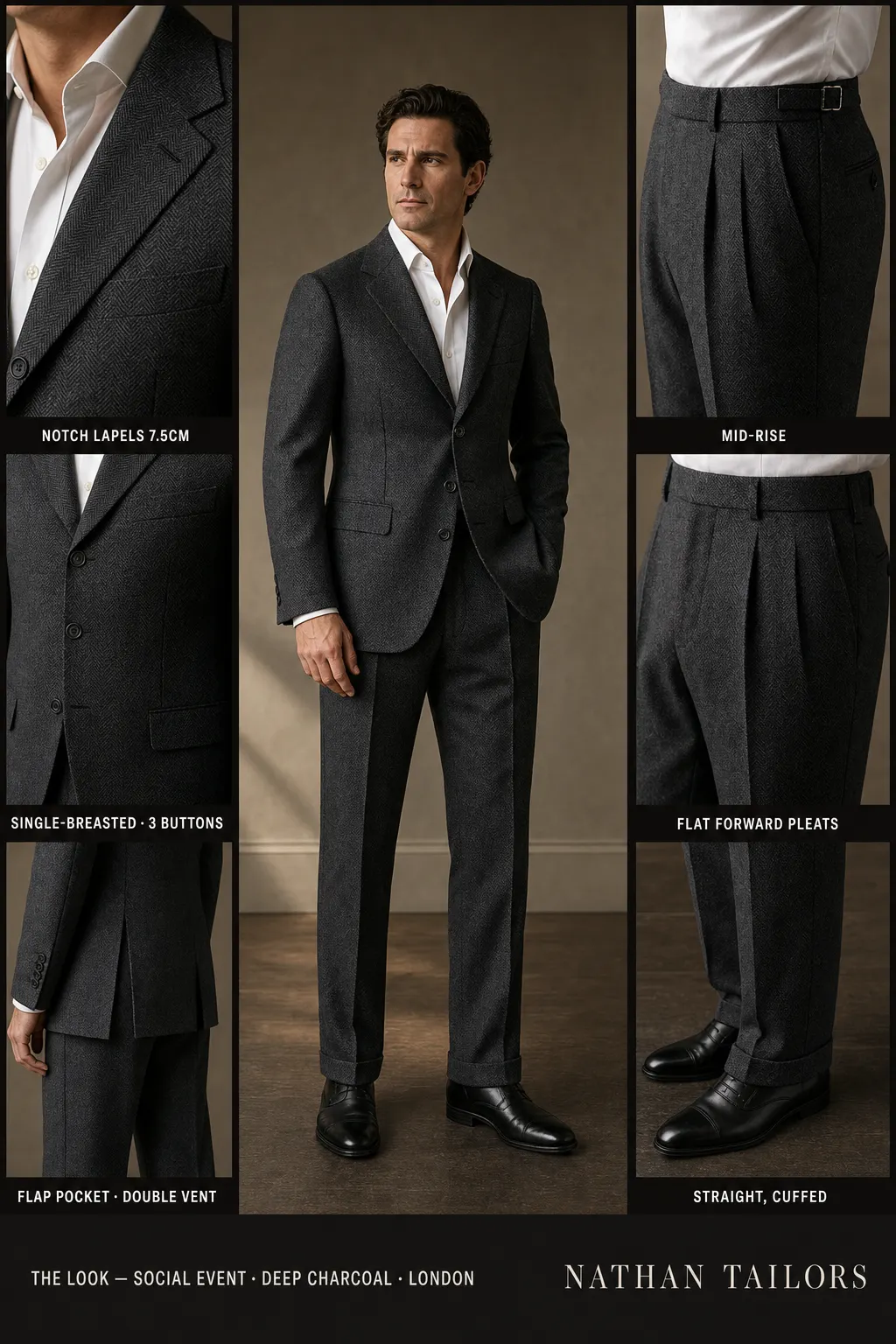 deep charcoal herringbone single-breasted notch-lapel bespoke suit โ AI-rendered by Nathan Tailors, the Hoi An custom tailor. Available as a custom tailored suit from $149.