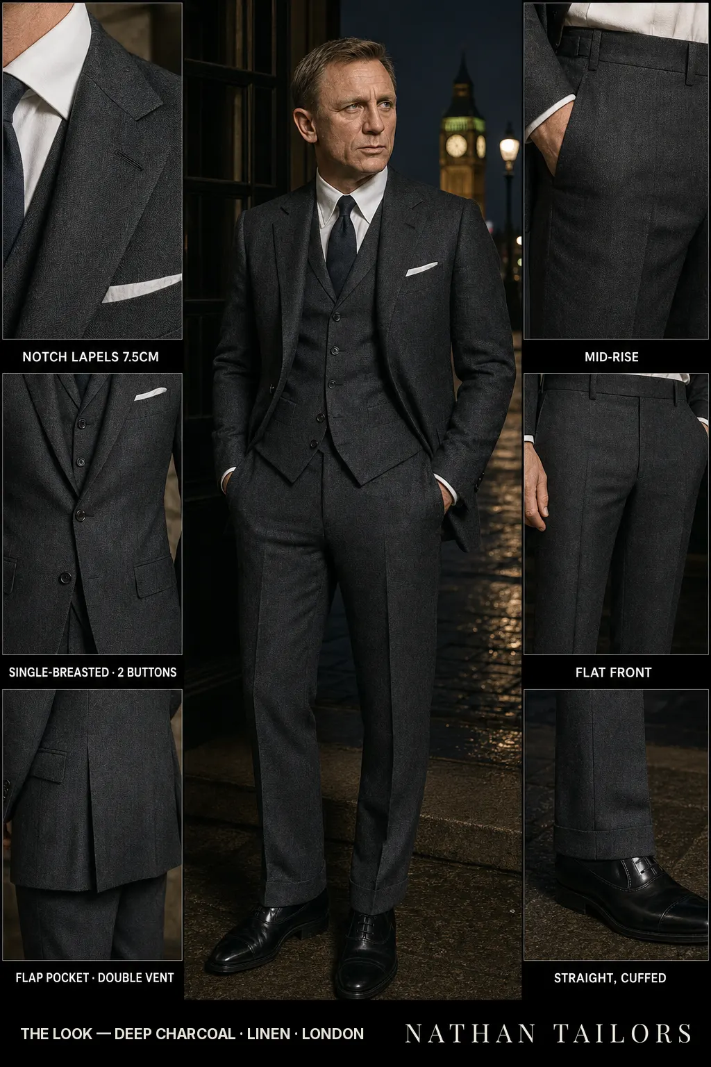 deep charcoal herringbone single-breasted notch-lapel bespoke suit — AI-rendered by Nathan Tailors, the Hoi An custom tailor. Available as a custom tailored suit from $149.