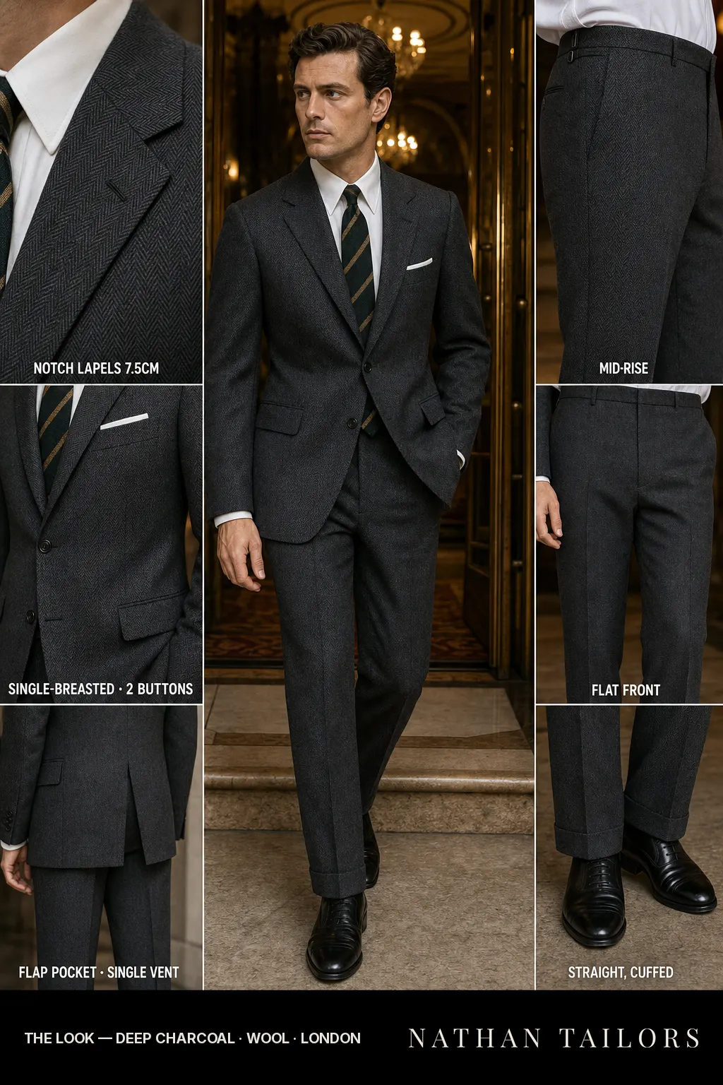 deep charcoal herringbone single-breasted bespoke suit โ custom tailored by Nathan Tailors, the Hoi An custom tailor