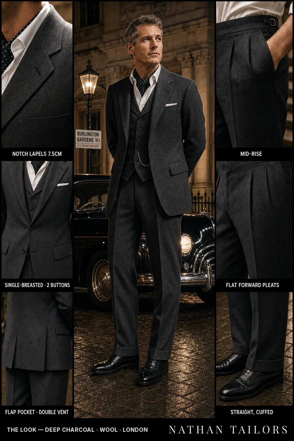 deep charcoal herringbone single-breasted notch-lapel bespoke suit โ AI-rendered by Nathan Tailors, the Hoi An custom tailor. Available as a custom tailored suit from $149.