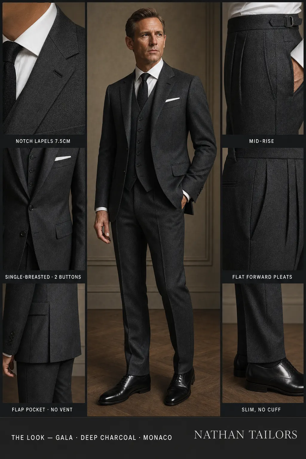 deep charcoal herringbone single-breasted notch-lapel bespoke suit — AI-rendered by Nathan Tailors, the Hoi An custom tailor. Available as a custom tailored suit from $149.