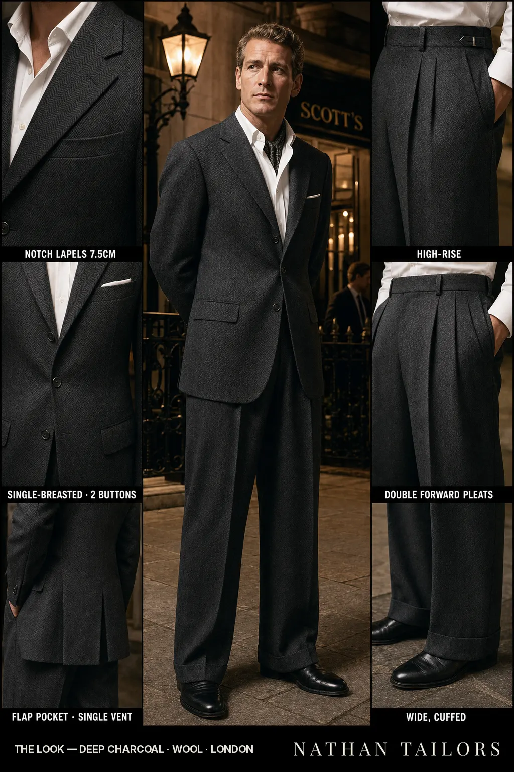 deep charcoal herringbone single-breasted notch-lapel bespoke suit — AI-rendered by Nathan Tailors, the Hoi An custom tailor. Available as a custom tailored suit from $149.