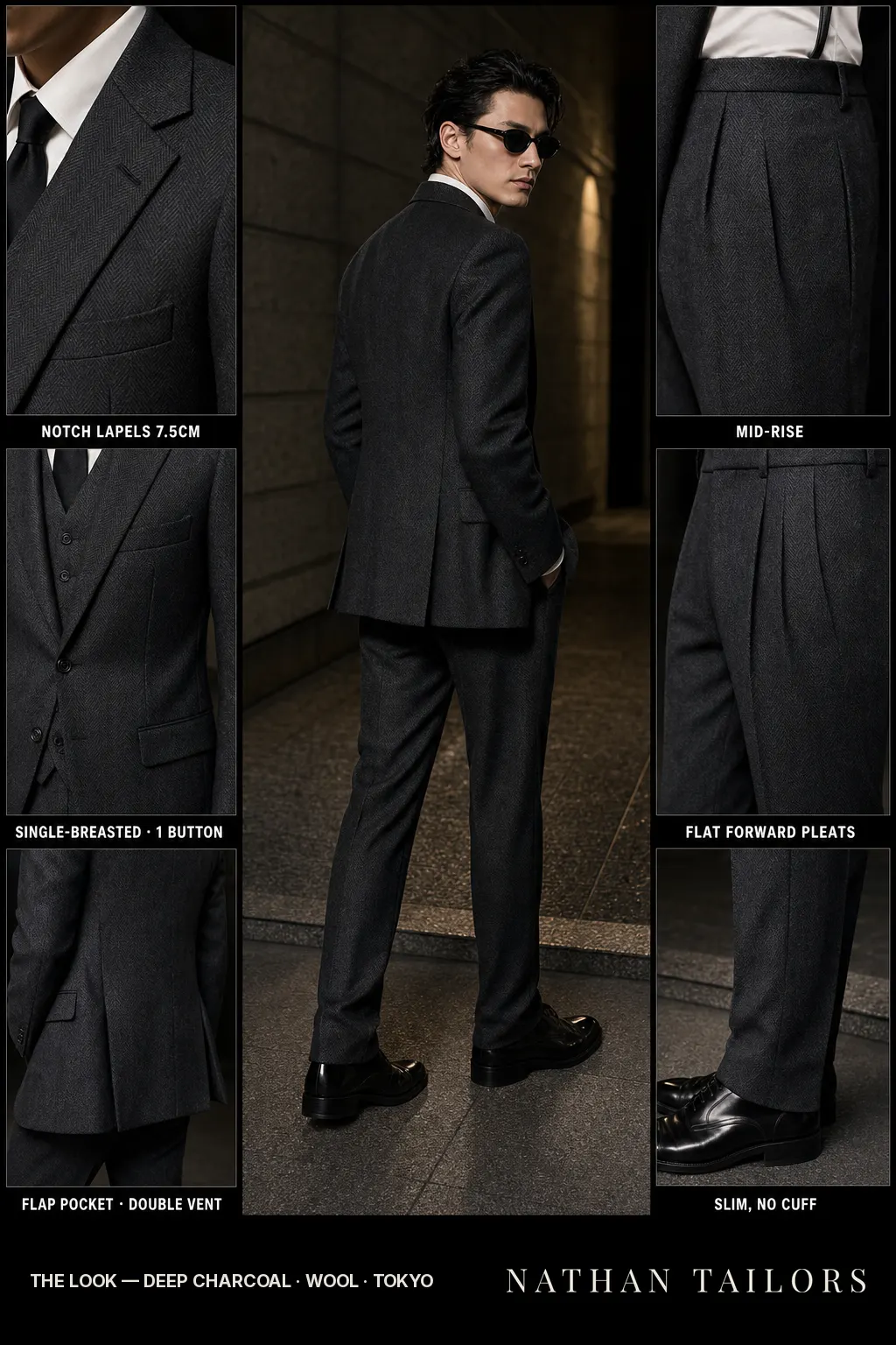 deep charcoal herringbone single-breasted notch-lapel bespoke suit — AI-rendered by Nathan Tailors, the Hoi An custom tailor. Available as a custom tailored suit from $149.