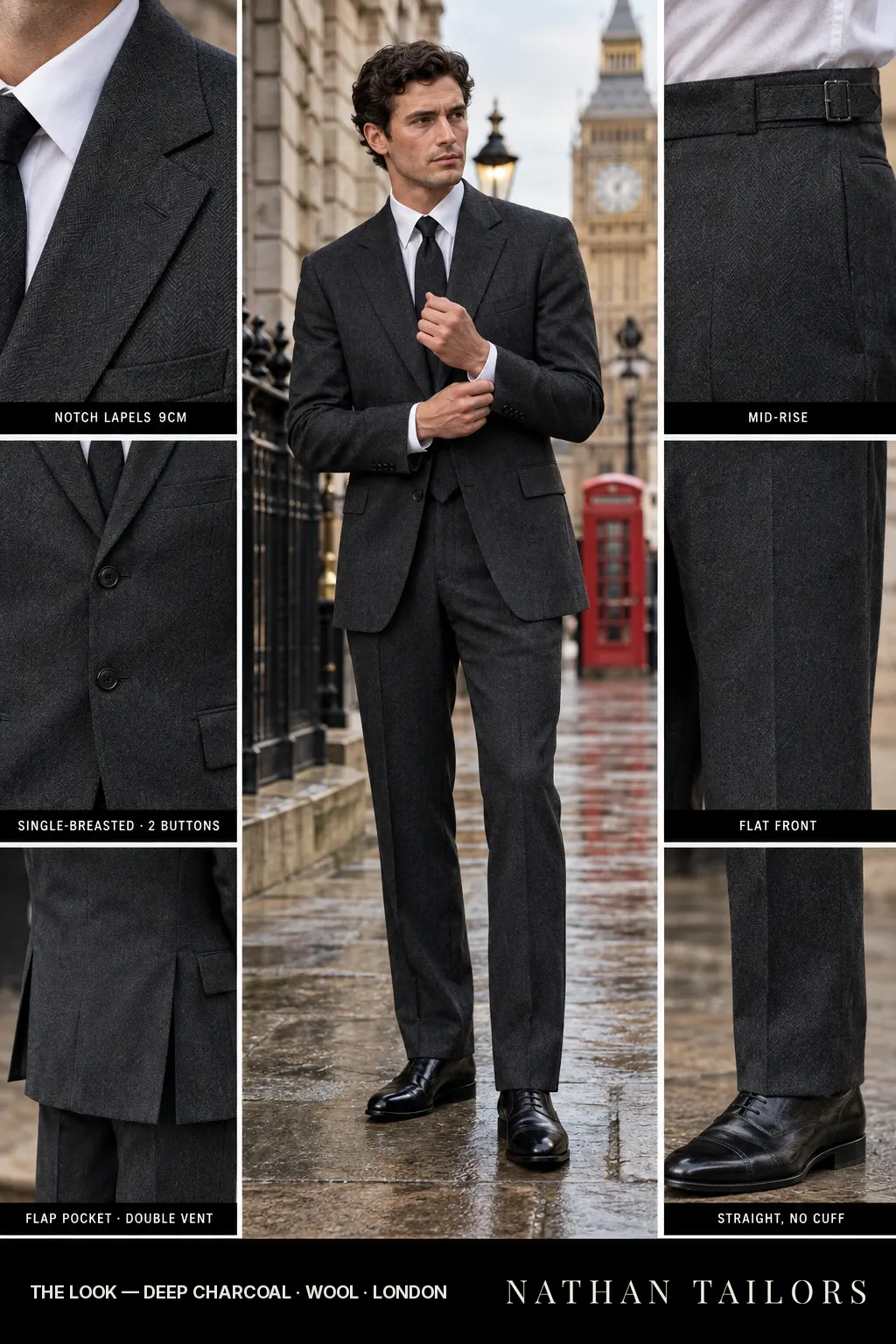 deep charcoal herringbone single-breasted bespoke suit โ custom tailored by Nathan Tailors, the Hoi An custom tailor