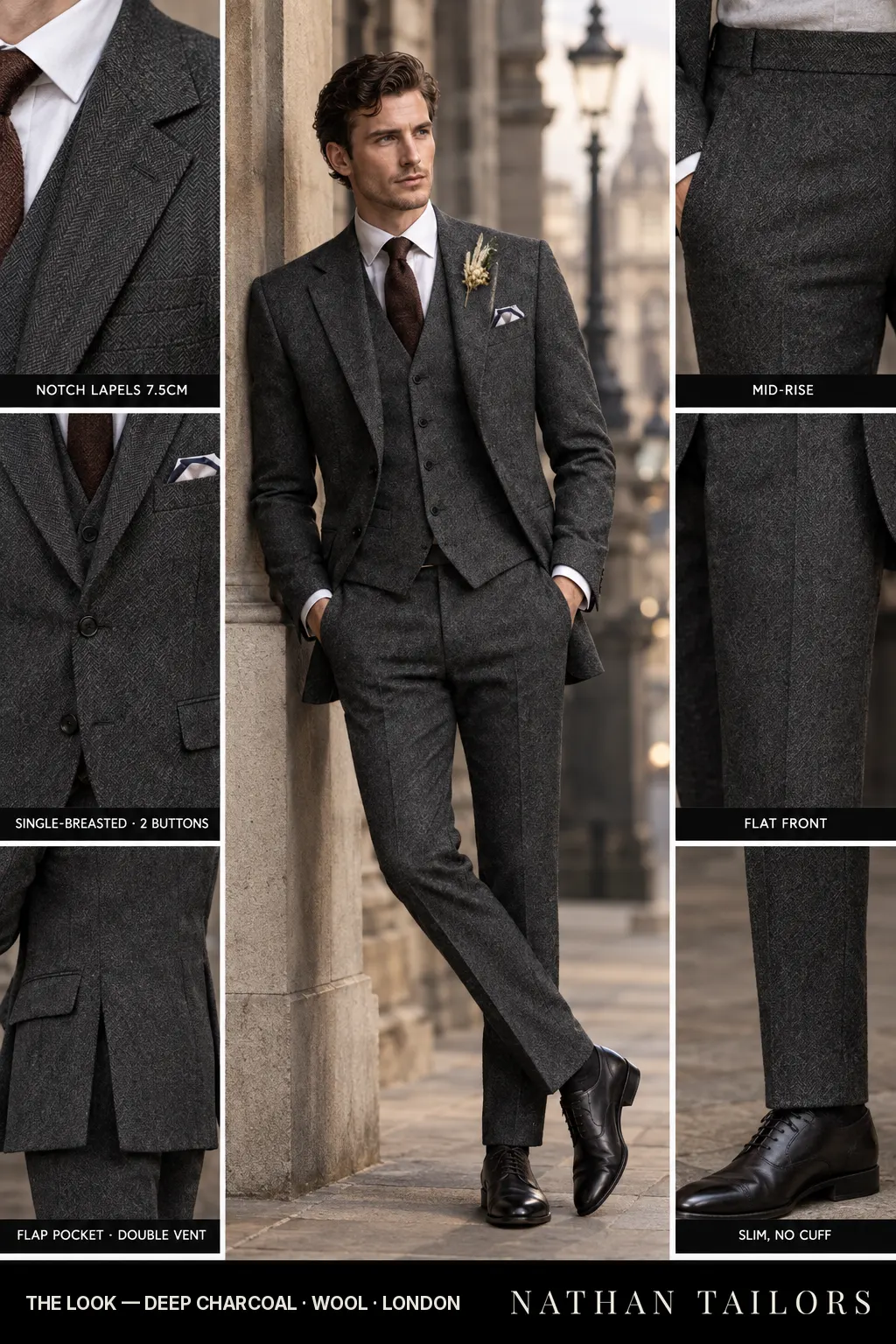 deep charcoal herringbone single-breasted bespoke suit — custom tailored by Nathan Tailors, the Hoi An custom tailor