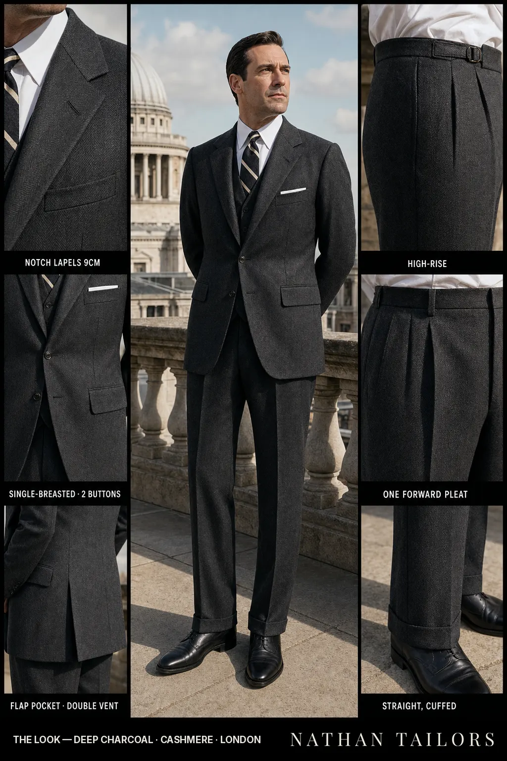 deep charcoal herringbone single-breasted notch-lapel bespoke suit — AI-rendered by Nathan Tailors, the Hoi An custom tailor. Available as a custom tailored suit from $149.