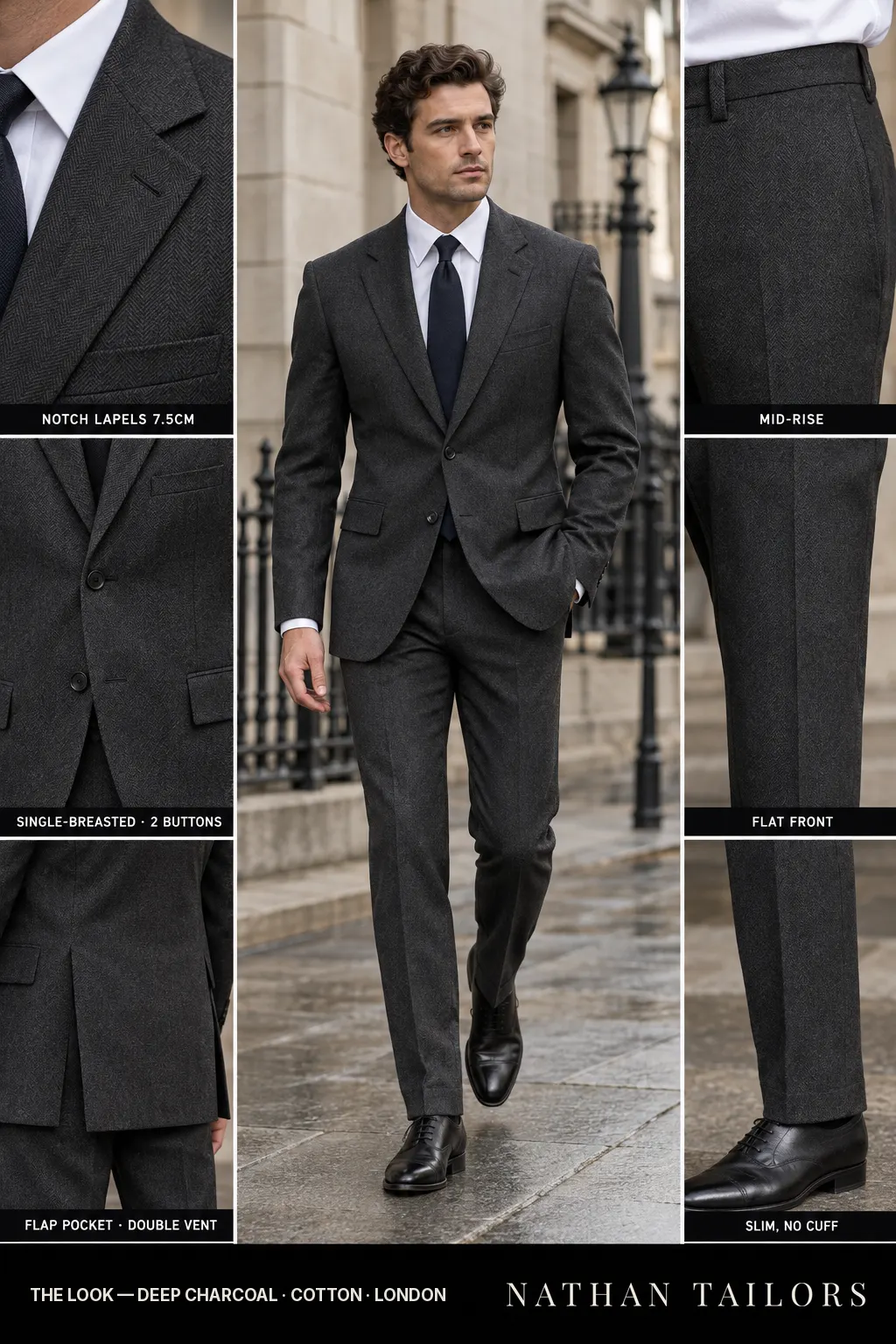 deep charcoal herringbone single-breasted bespoke suit โ custom tailored by Nathan Tailors, the Hoi An custom tailor