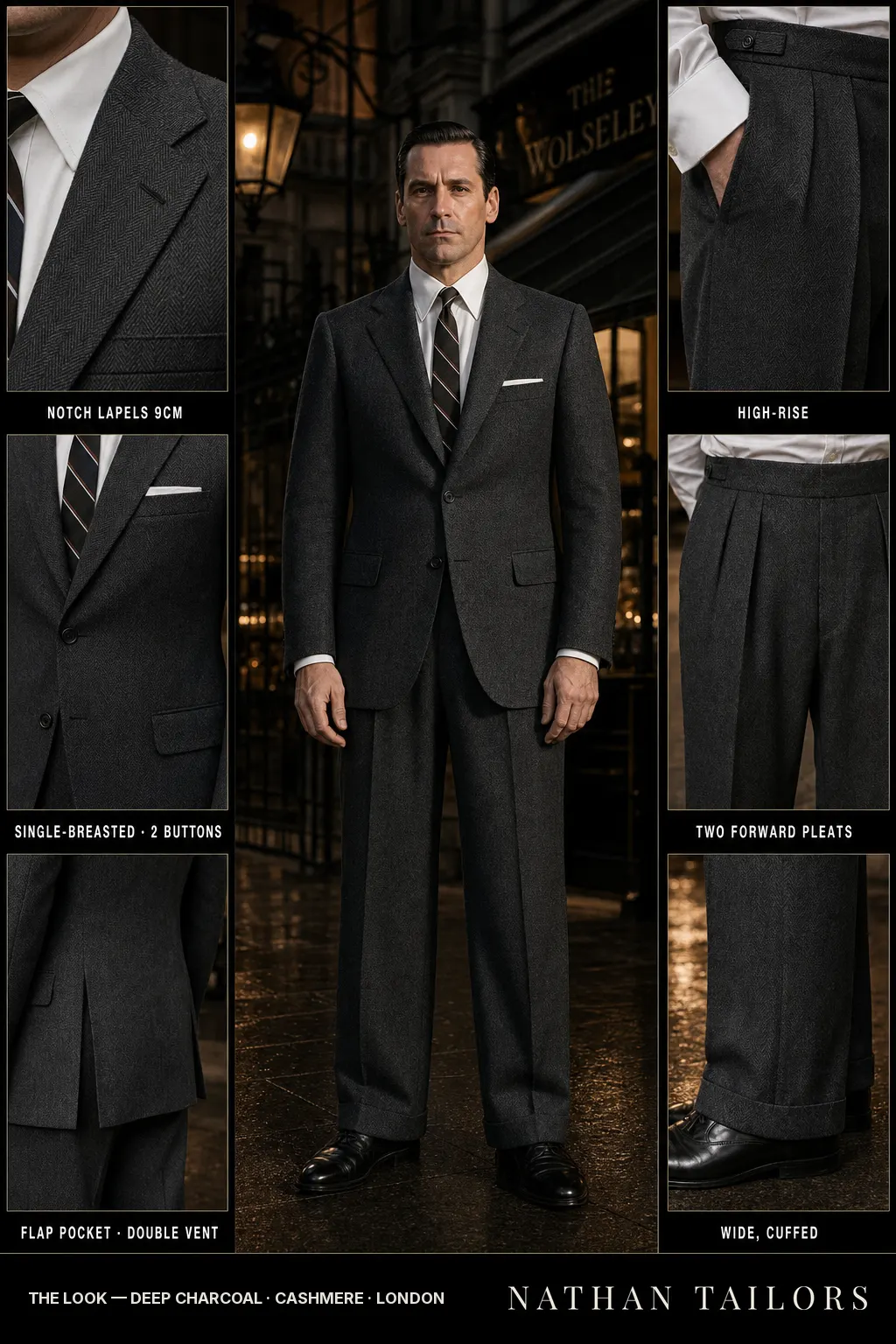 deep charcoal herringbone single-breasted notch-lapel bespoke suit — AI-rendered by Nathan Tailors, the Hoi An custom tailor. Available as a custom tailored suit from $149.
