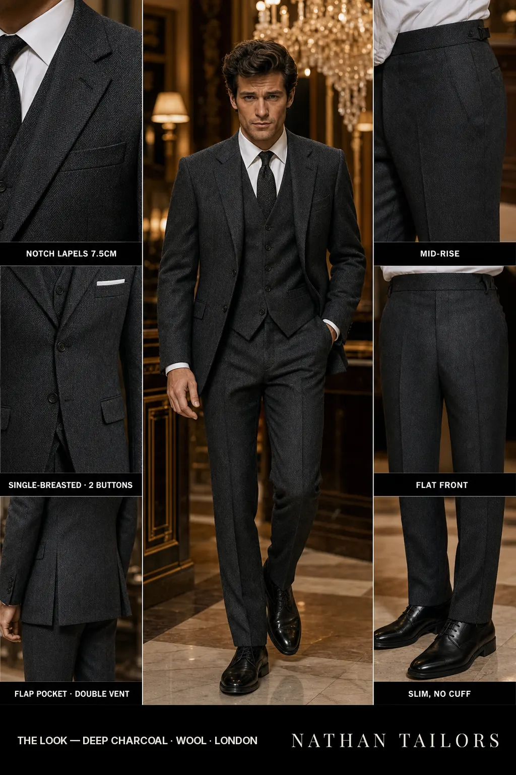 deep charcoal herringbone single-breasted bespoke suit — custom tailored by Nathan Tailors, the Hoi An custom tailor