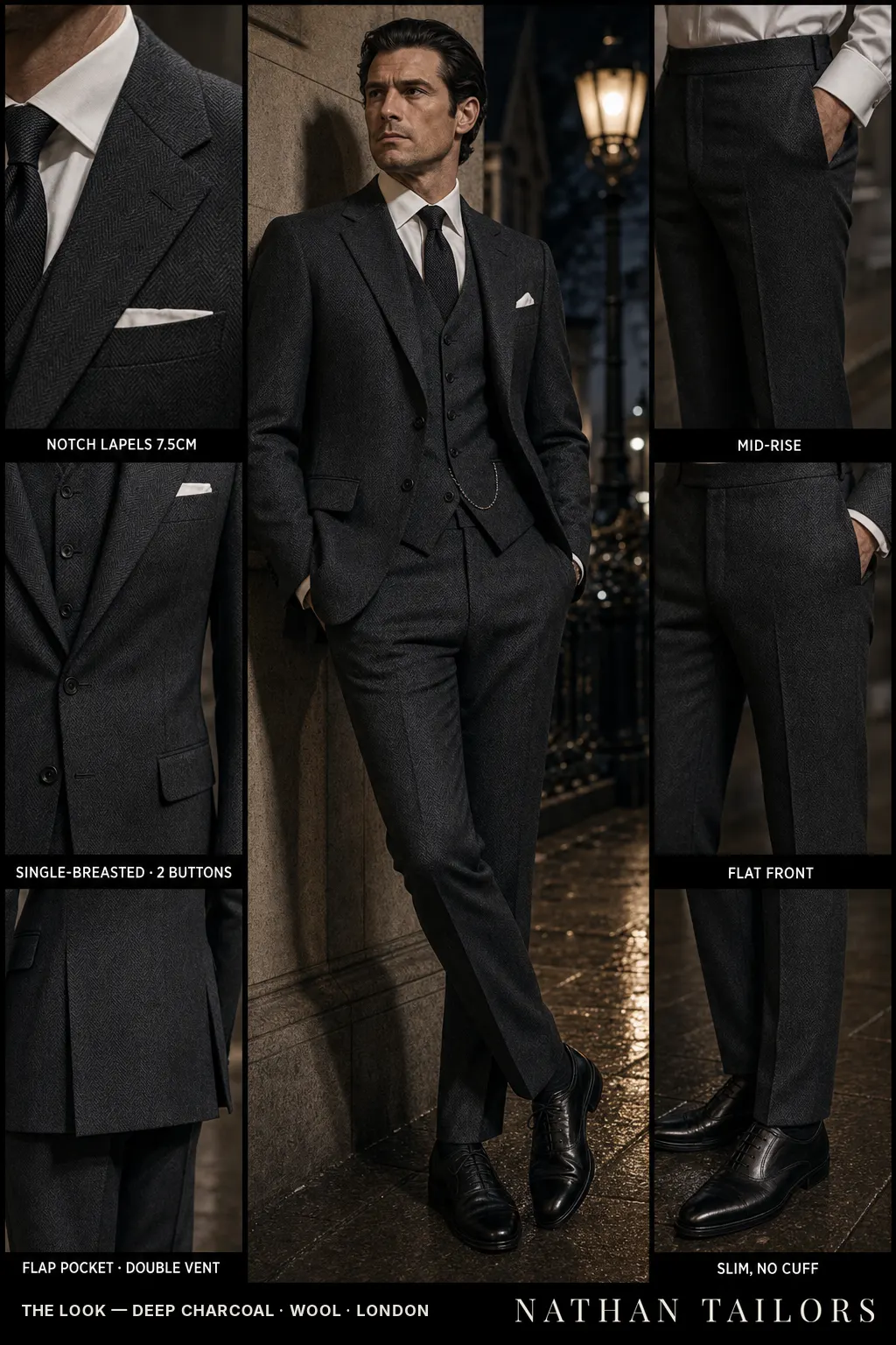 deep charcoal herringbone single-breasted notch-lapel bespoke suit — AI-rendered by Nathan Tailors, the Hoi An custom tailor. Available as a custom tailored suit from $149.