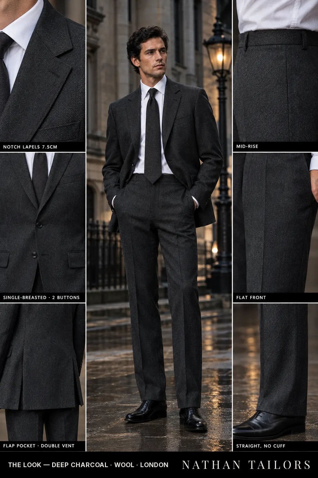 deep charcoal herringbone single-breasted bespoke suit โ custom tailored by Nathan Tailors, the Hoi An custom tailor