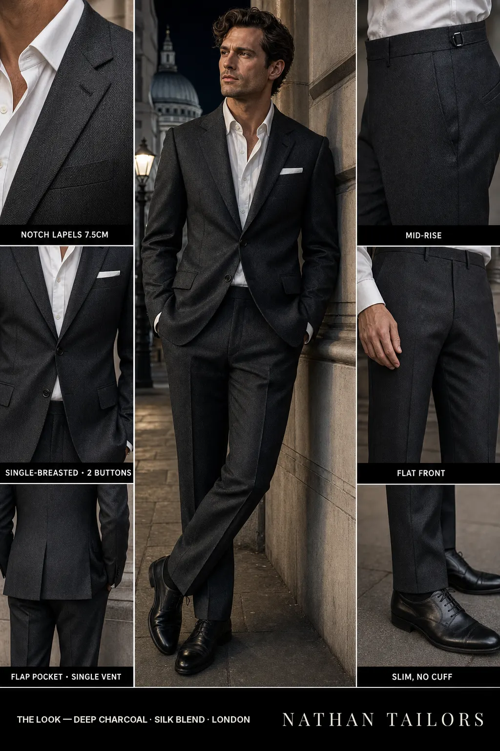 deep charcoal herringbone single-breasted notch-lapel bespoke suit — AI-rendered by Nathan Tailors, the Hoi An custom tailor. Available as a custom tailored suit from $149.