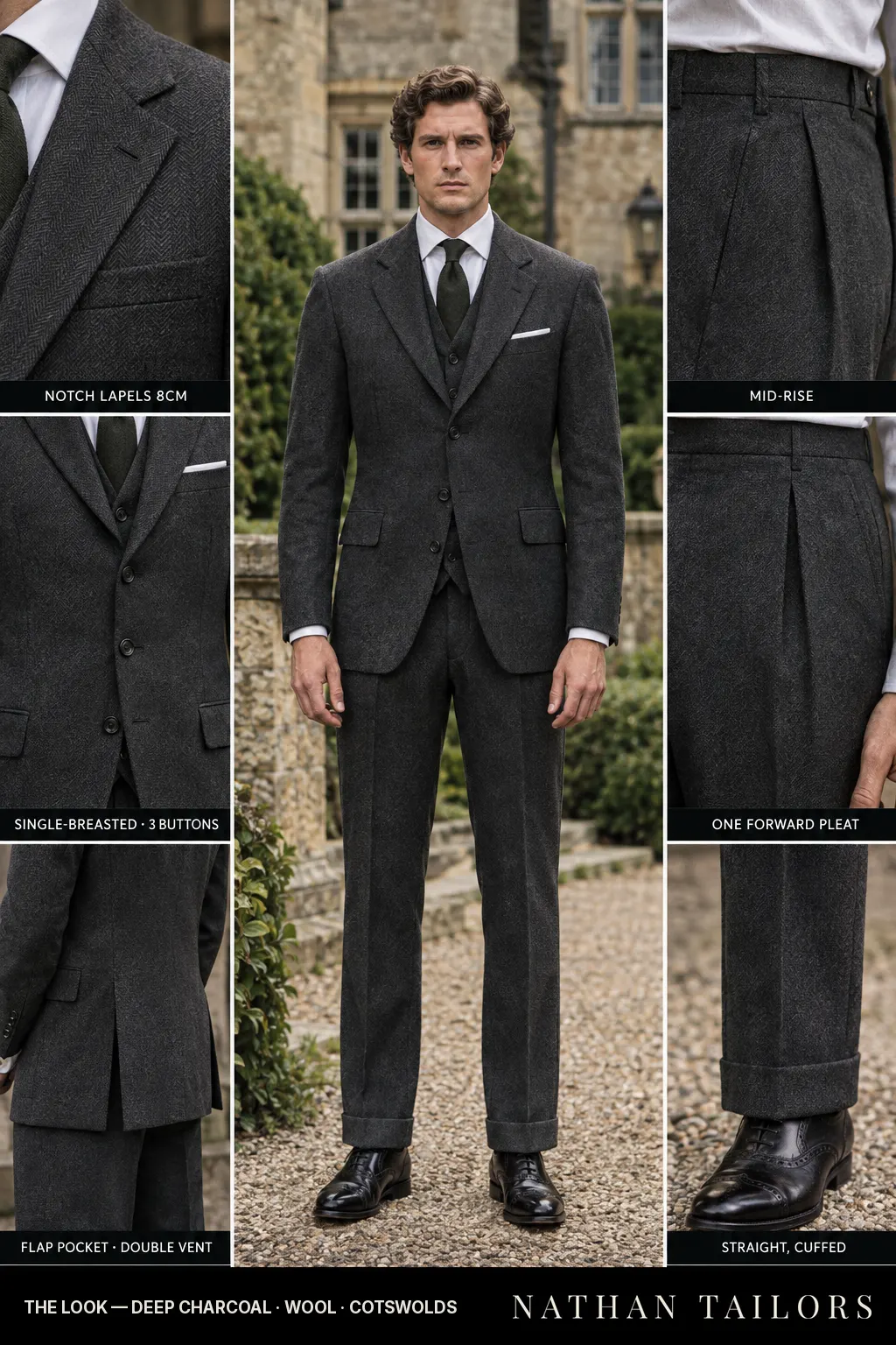 deep charcoal herringbone single-breasted bespoke suit — custom tailored by Nathan Tailors, the Hoi An custom tailor