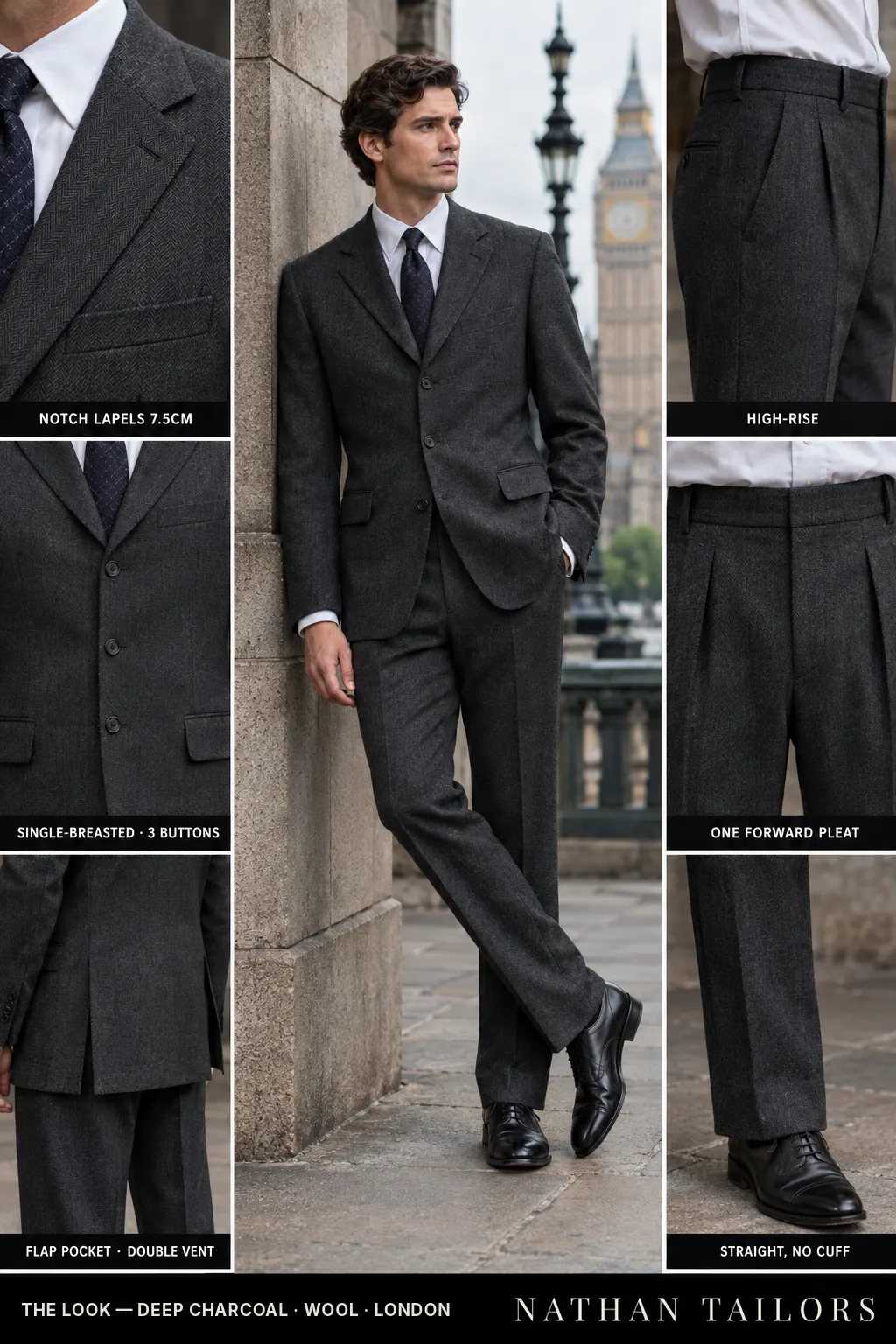 deep charcoal herringbone single-breasted bespoke suit — custom tailored by Nathan Tailors, the Hoi An custom tailor