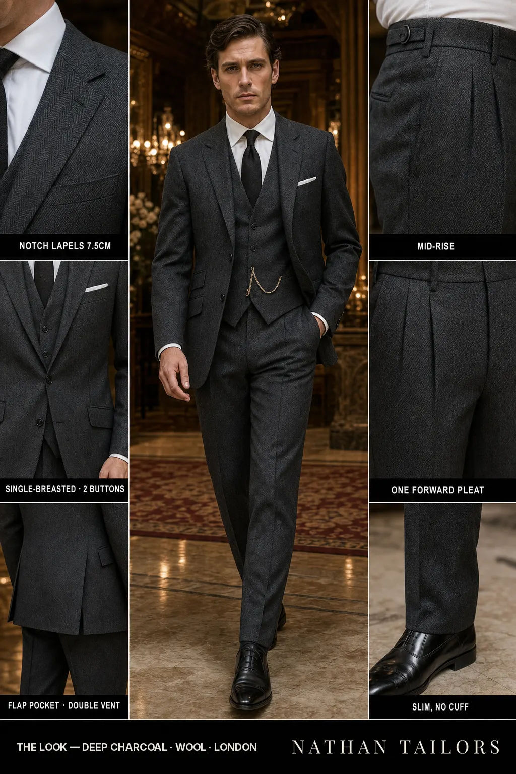deep charcoal herringbone single-breasted bespoke suit — custom tailored by Nathan Tailors, the Hoi An custom tailor