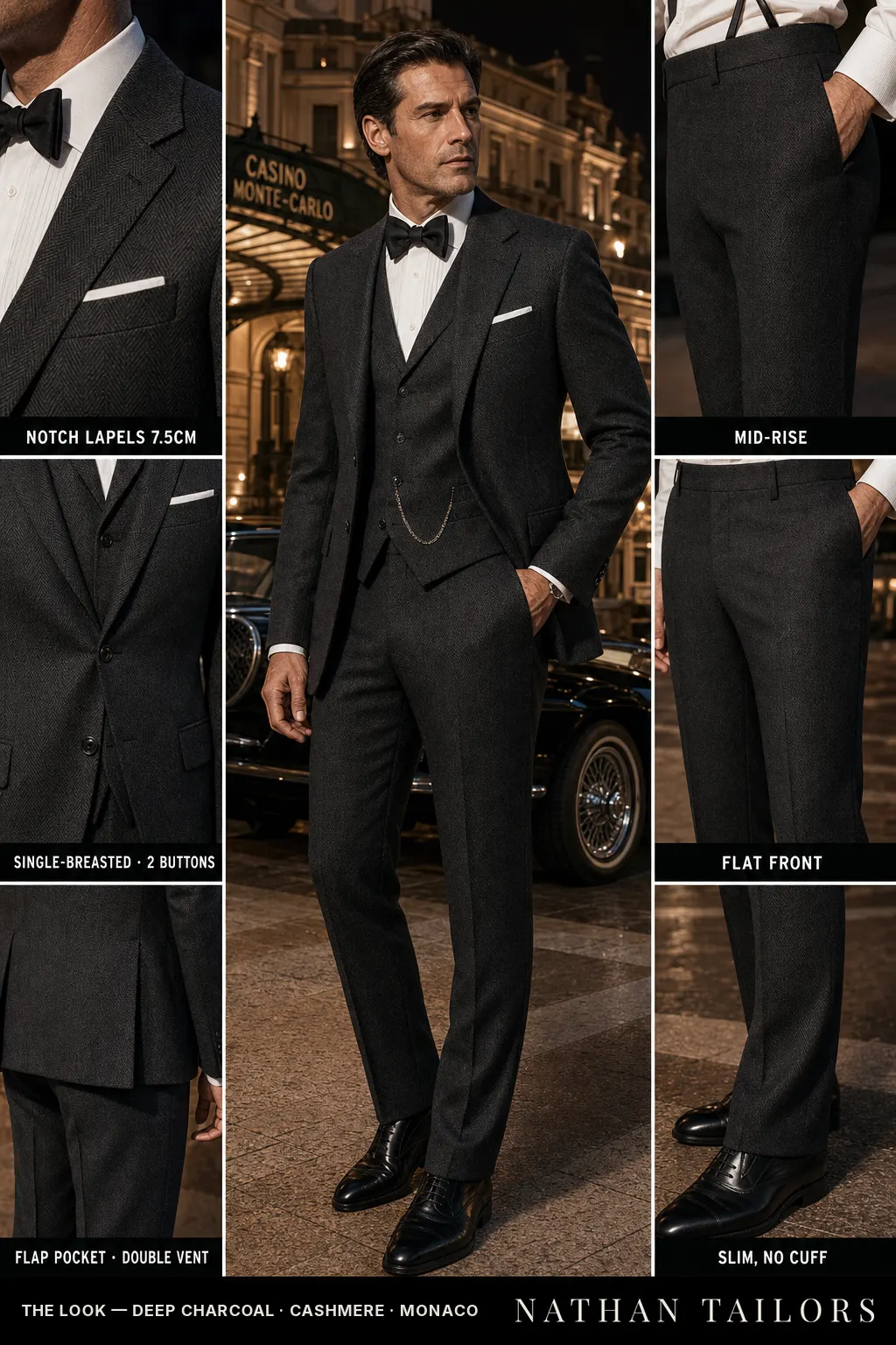 deep charcoal herringbone single-breasted bespoke suit — custom tailored by Nathan Tailors, the Hoi An custom tailor