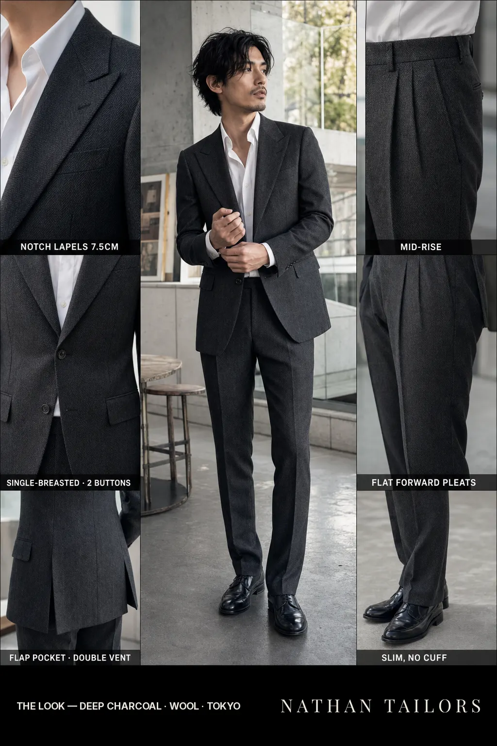 deep charcoal herringbone single-breasted notch-lapel bespoke suit — AI-rendered by Nathan Tailors, the Hoi An custom tailor. Available as a custom tailored suit from $149.