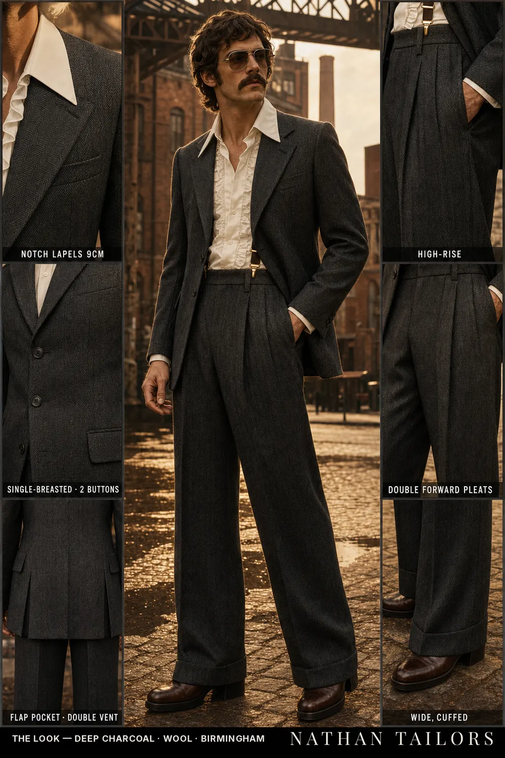 deep charcoal herringbone single-breasted notch-lapel bespoke suit — AI-rendered by Nathan Tailors, the Hoi An custom tailor. Available as a custom tailored suit from $149.