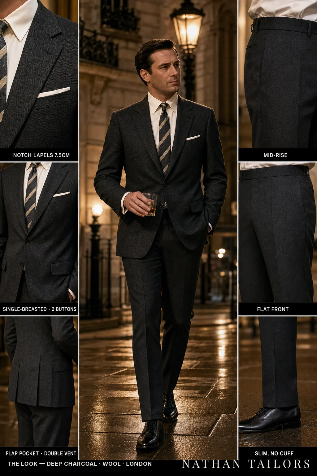 deep charcoal herringbone single-breasted notch-lapel bespoke suit — AI-rendered by Nathan Tailors, the Hoi An custom tailor. Available as a custom tailored suit from $149.