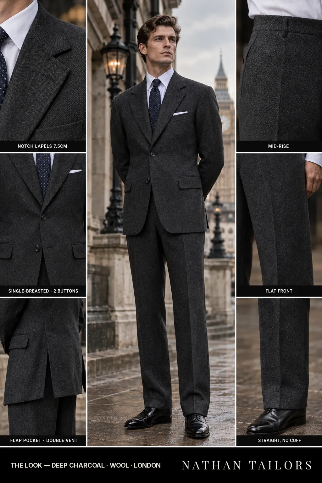 deep charcoal herringbone single-breasted bespoke suit — custom tailored by Nathan Tailors, the Hoi An custom tailor
