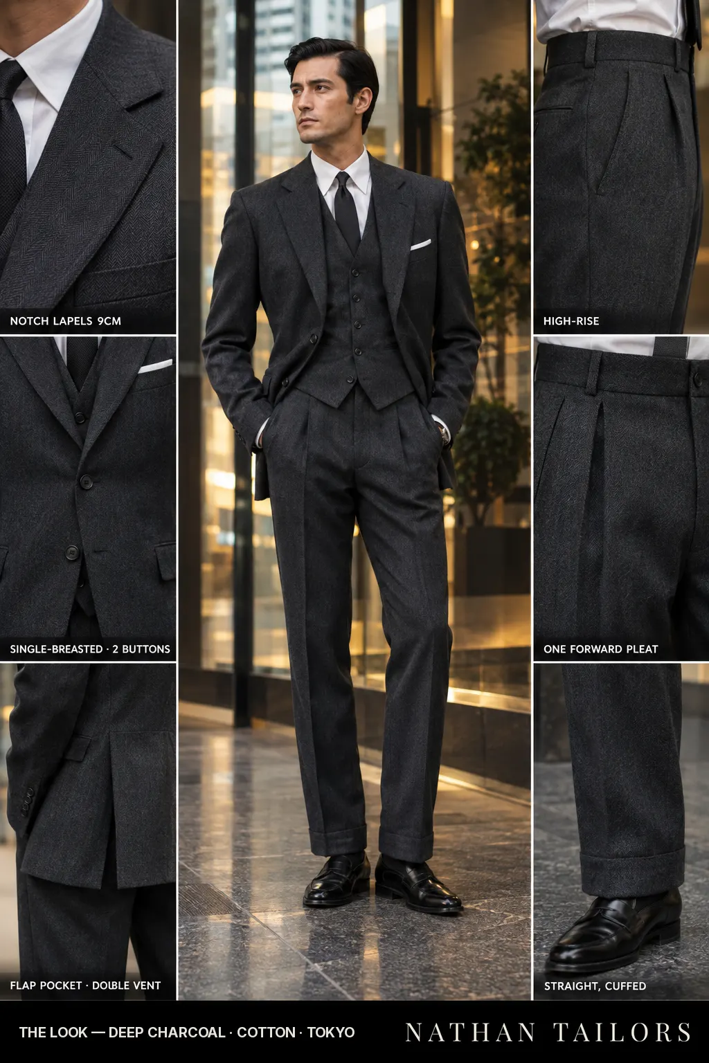 deep charcoal herringbone single-breasted bespoke suit โ custom tailored by Nathan Tailors, the Hoi An custom tailor