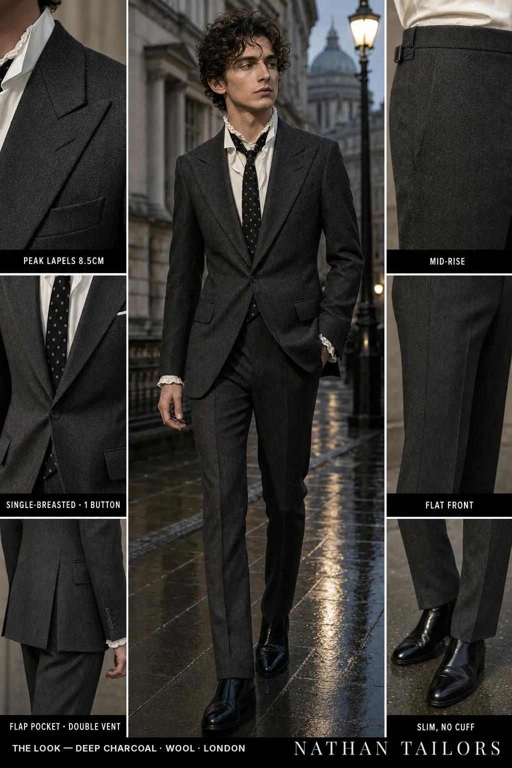 deep charcoal herringbone single-breasted peak-lapel bespoke suit — AI-rendered by Nathan Tailors, the Hoi An custom tailor. Available as a custom tailored suit from $149.
