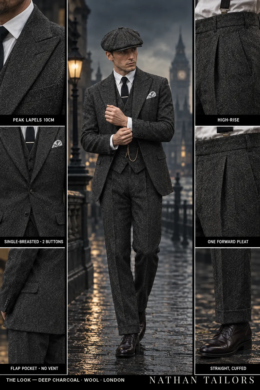 deep charcoal herringbone single-breasted bespoke suit — custom tailored by Nathan Tailors, the Hoi An custom tailor