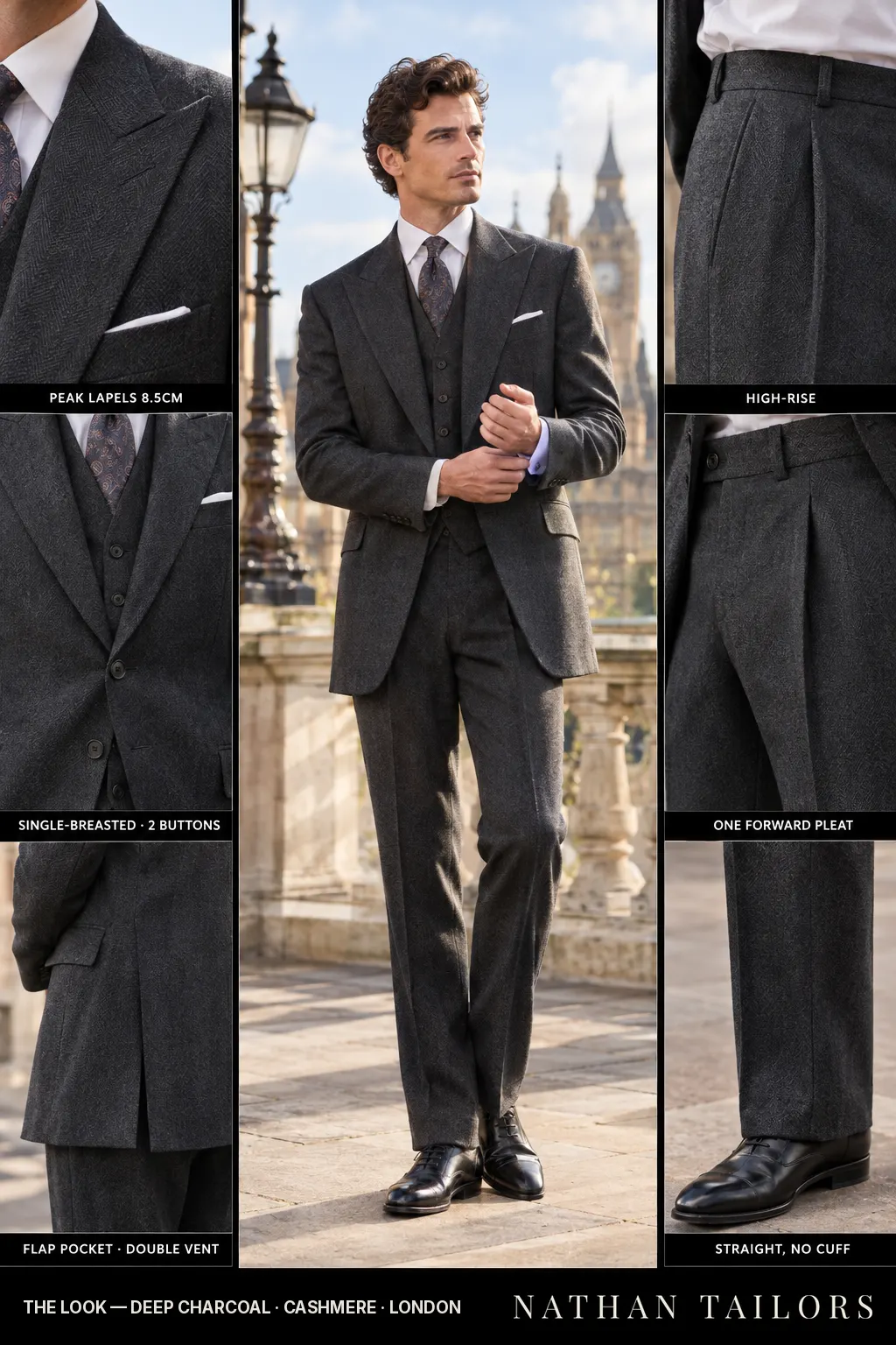 deep charcoal herringbone single-breasted bespoke suit โ custom tailored by Nathan Tailors, the Hoi An custom tailor