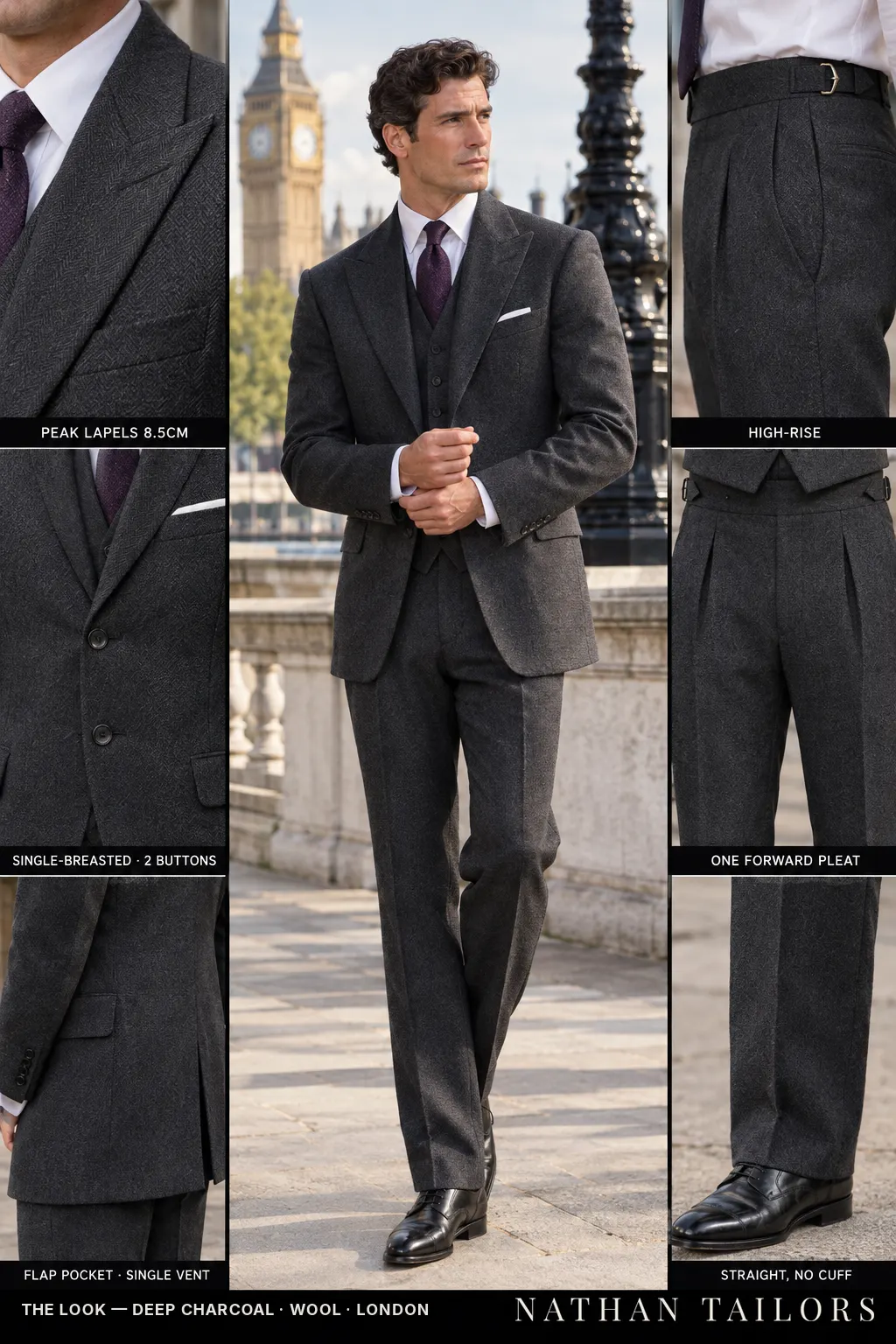 deep charcoal herringbone single-breasted bespoke suit โ custom tailored by Nathan Tailors, the Hoi An custom tailor