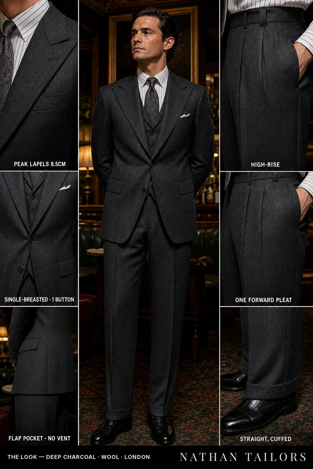 deep charcoal herringbone single-breasted peak-lapel bespoke suit — AI-rendered by Nathan Tailors, the Hoi An custom tailor. Available as a custom tailored suit from $149.