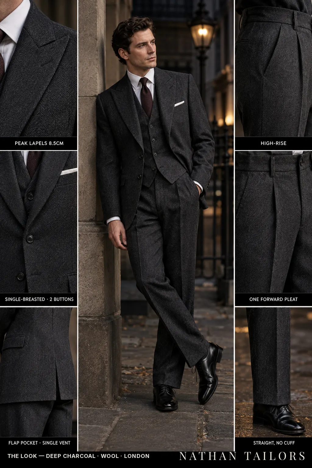 deep charcoal herringbone single-breasted bespoke suit โ custom tailored by Nathan Tailors, the Hoi An custom tailor