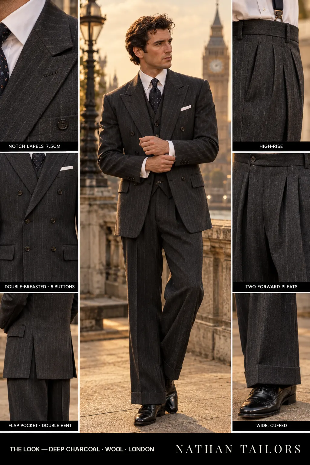 deep charcoal pinstripe double-breasted notch-lapel bespoke suit — AI-rendered by Nathan Tailors, the Hoi An custom tailor. Available as a custom tailored suit from $169.