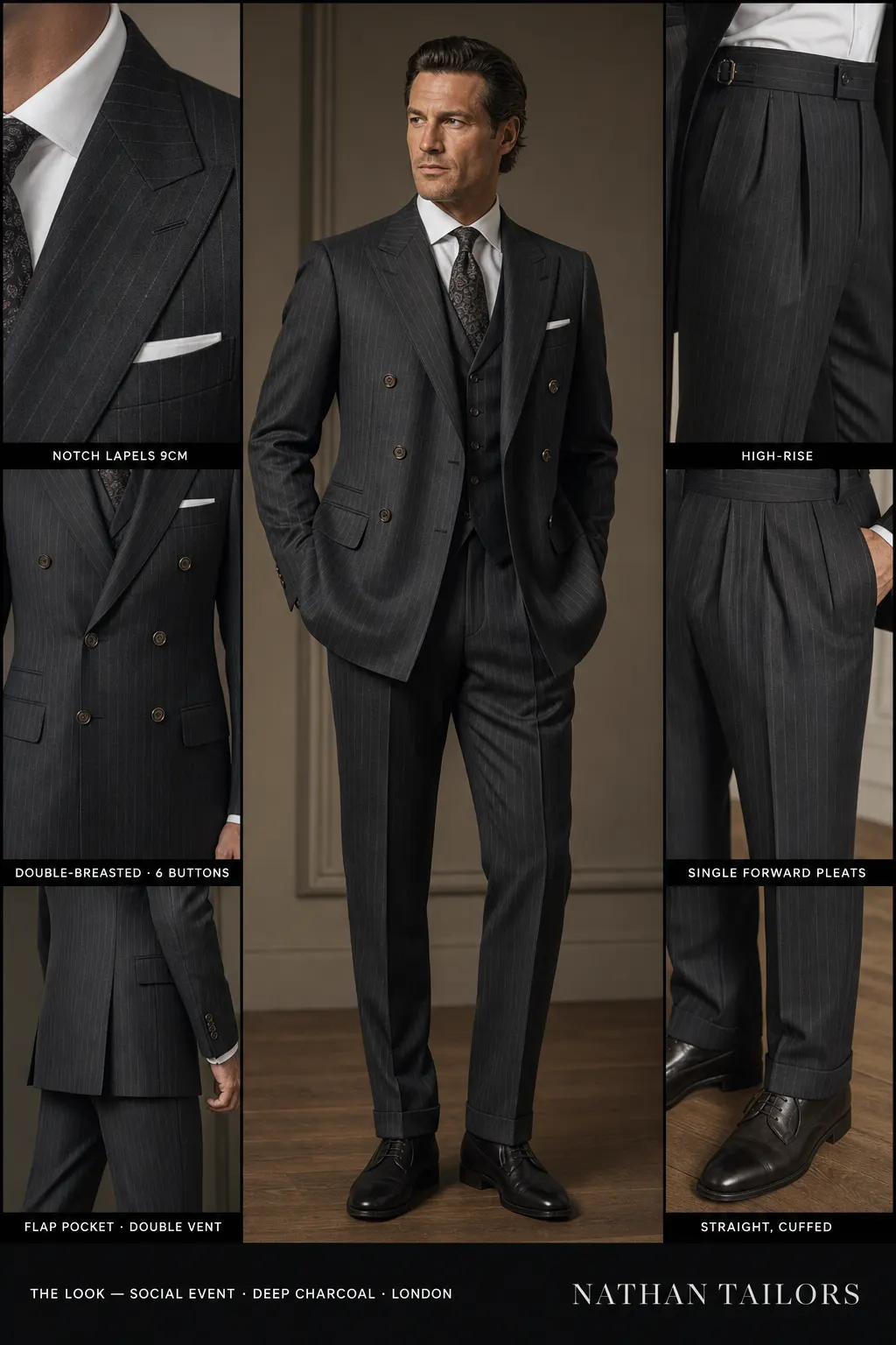 deep charcoal pinstripe double-breasted notch-lapel bespoke suit — AI-rendered by Nathan Tailors, the Hoi An custom tailor. Available as a custom tailored suit from $149.