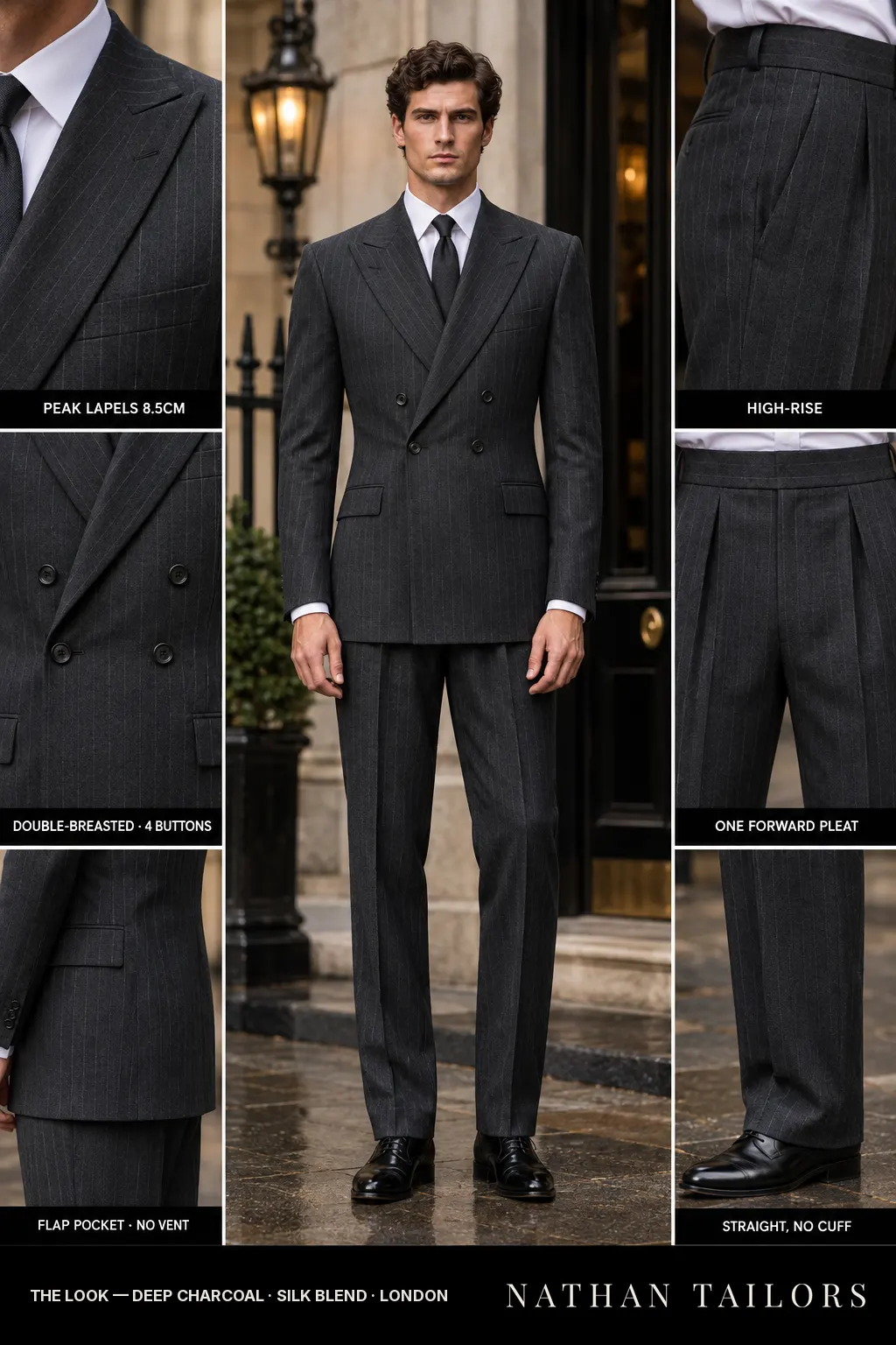 deep charcoal pinstripe double-breasted peak-lapel bespoke suit — AI-rendered by Nathan Tailors, the Hoi An custom tailor. Available as a custom tailored suit from $149.