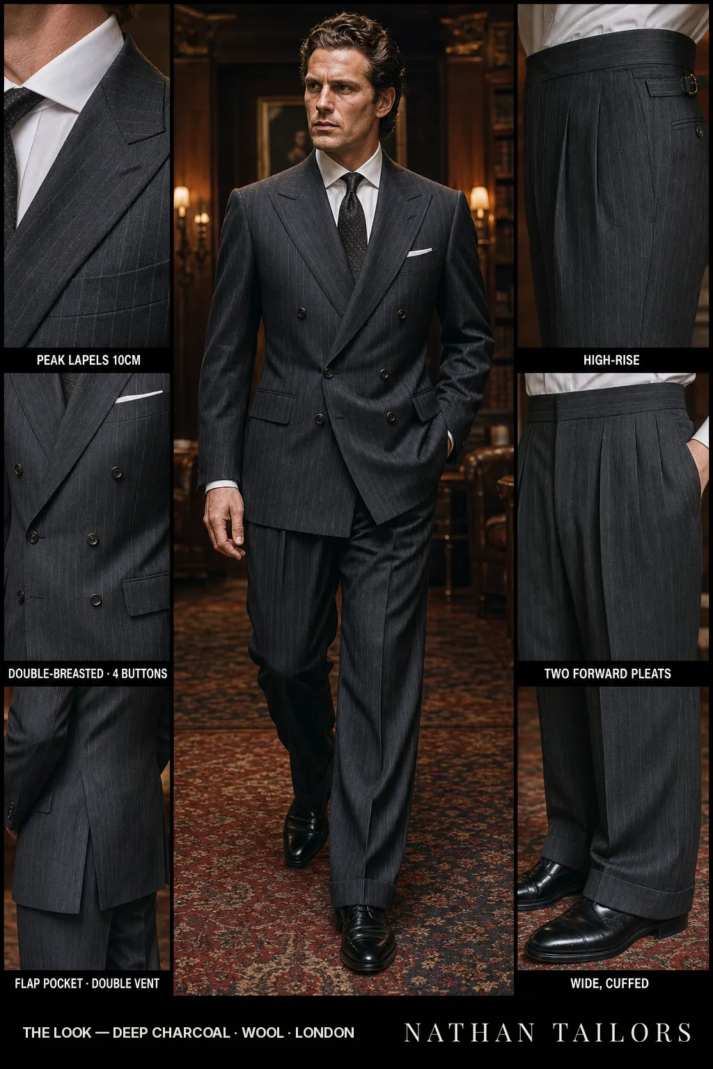 deep charcoal pinstripe double-breasted peak-lapel bespoke suit โ AI-rendered by Nathan Tailors, the Hoi An custom tailor. Available as a custom tailored suit from $149.