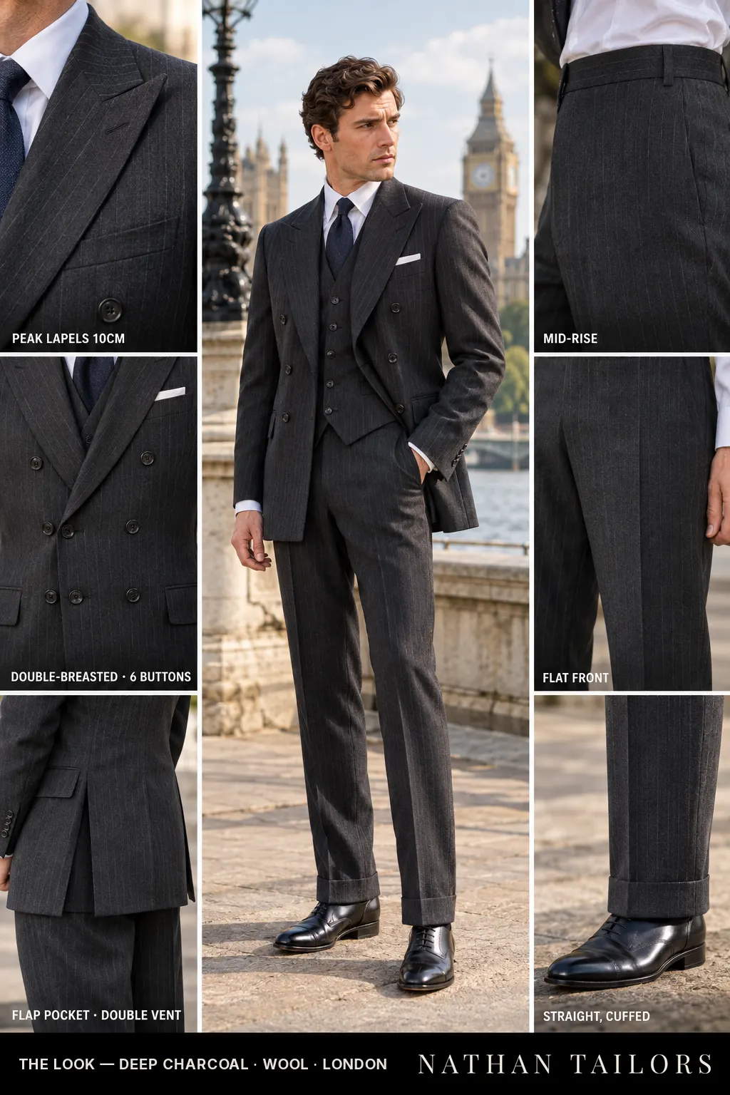 deep charcoal pinstripe double-breasted bespoke suit — custom tailored by Nathan Tailors, the Hoi An custom tailor